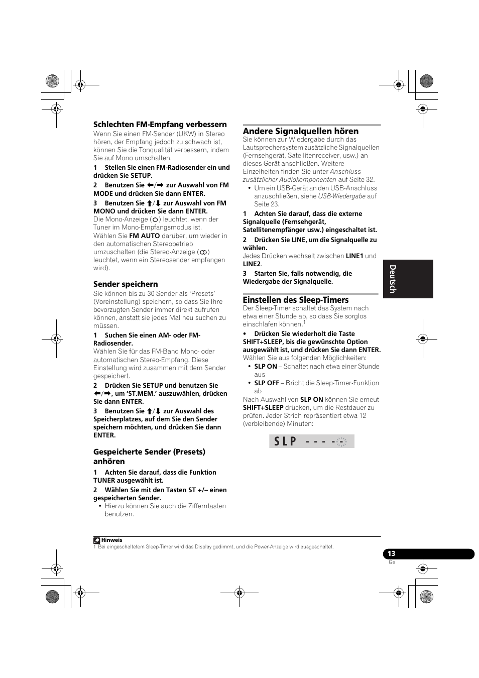 Schlechten fm-empfang verbessern, Sender speichern, Gespeicherte sender (presets) anhören | Andere signalquellen hören, Einstellen des sleep-timers, S l p | Pioneer DCS-370 User Manual | Page 105 / 141