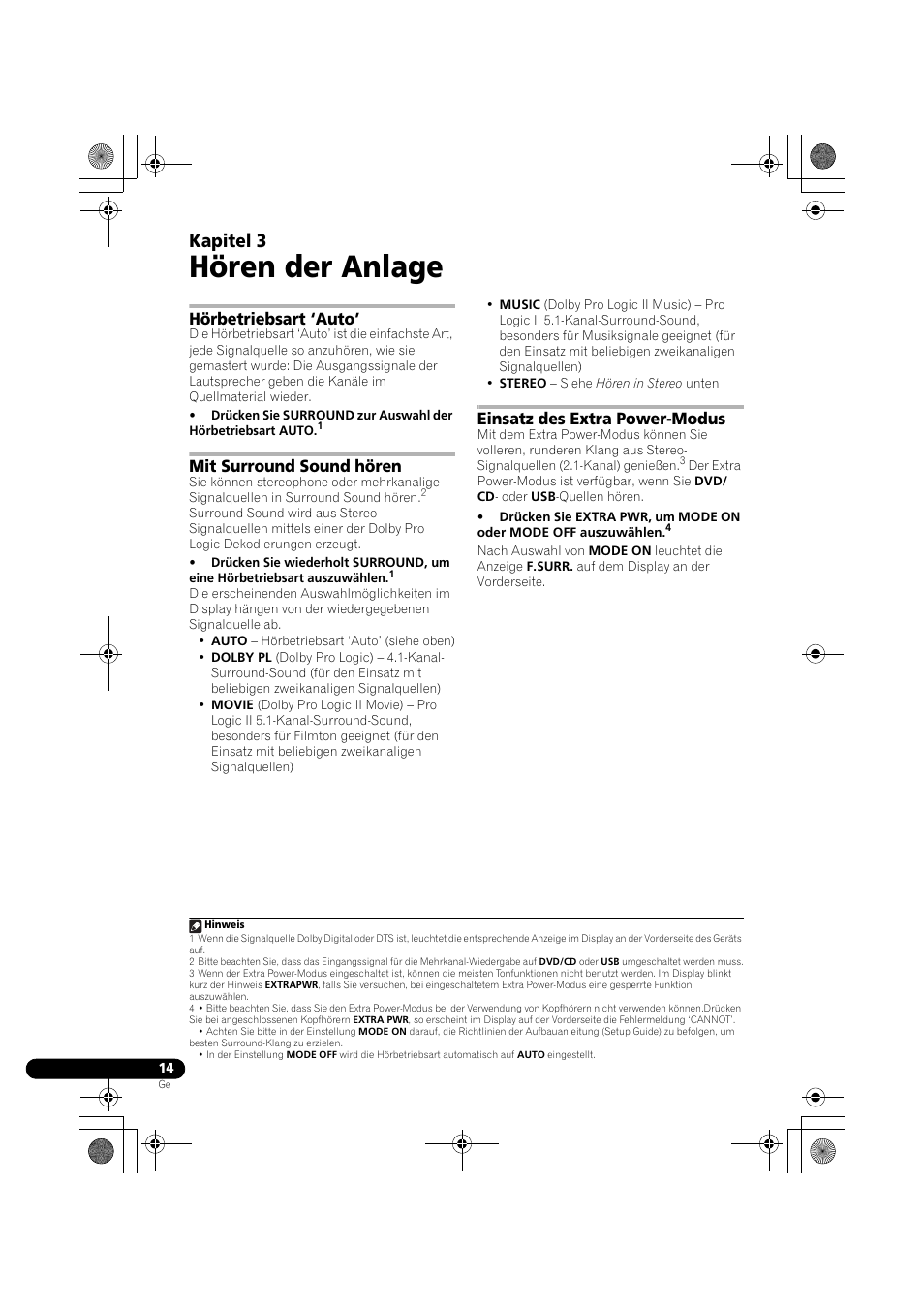 03 hören der anlage, Hörbetriebsart ‘auto, Mit surround sound hören | Einsatz des extra power-modus, Hören der anlage, Kapitel 3 | Pioneer DCS-370 User Manual | Page 106 / 141