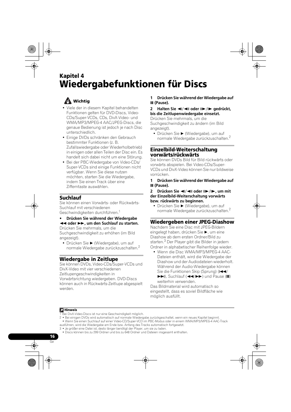 04 wiedergabefunktionen für discs, Suchlauf, Wiedergabe in zeitlupe | Einzelbild-weiterschaltung vorwärts/ rückwärts, Wiedergeben einer jpeg-diashow, Wiedergabefunktionen für discs, Kapitel 4, Einzelbild-weiterschaltung vorwärts/rückwärts | Pioneer DCS-370 User Manual | Page 108 / 141