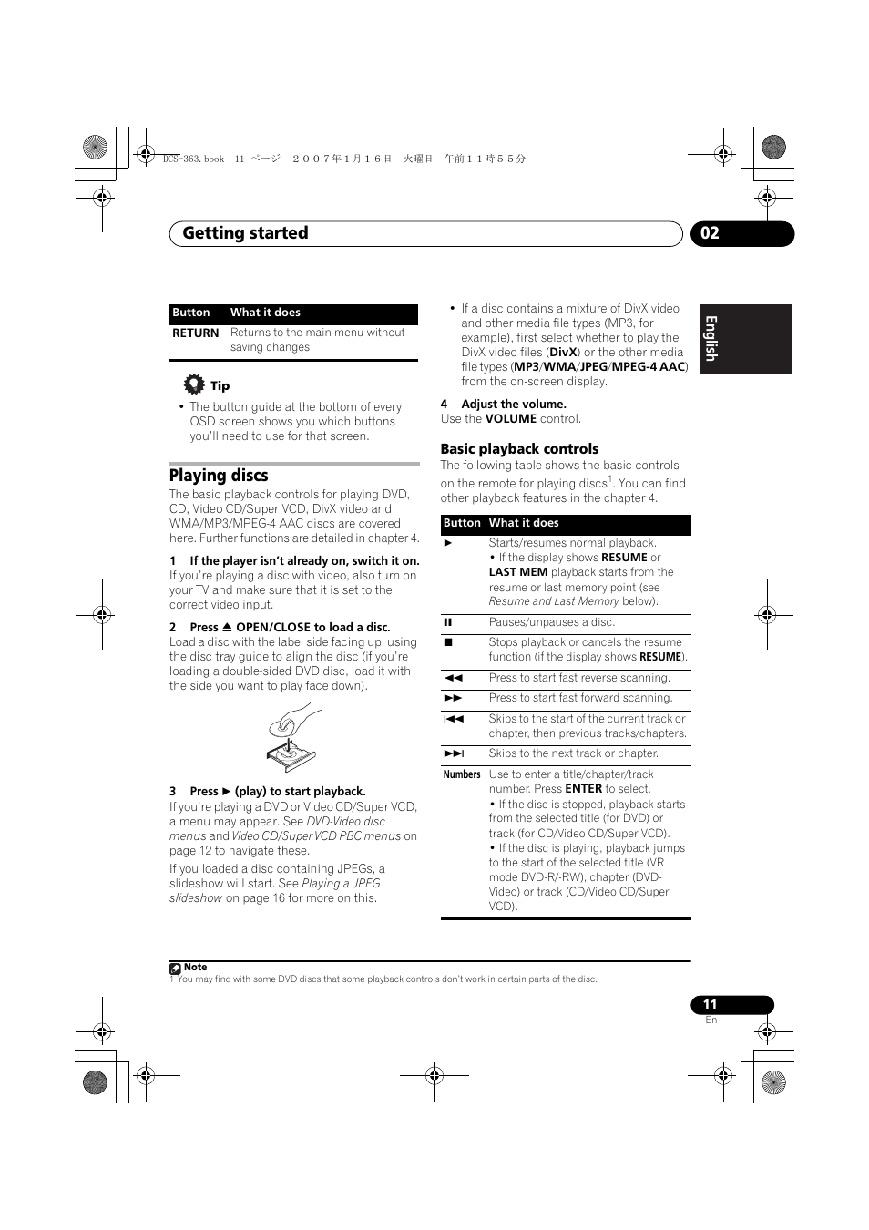 Playing discs, Basic playback controls, Getting started 02 | Pioneer DCS-370 User Manual | Page 11 / 141