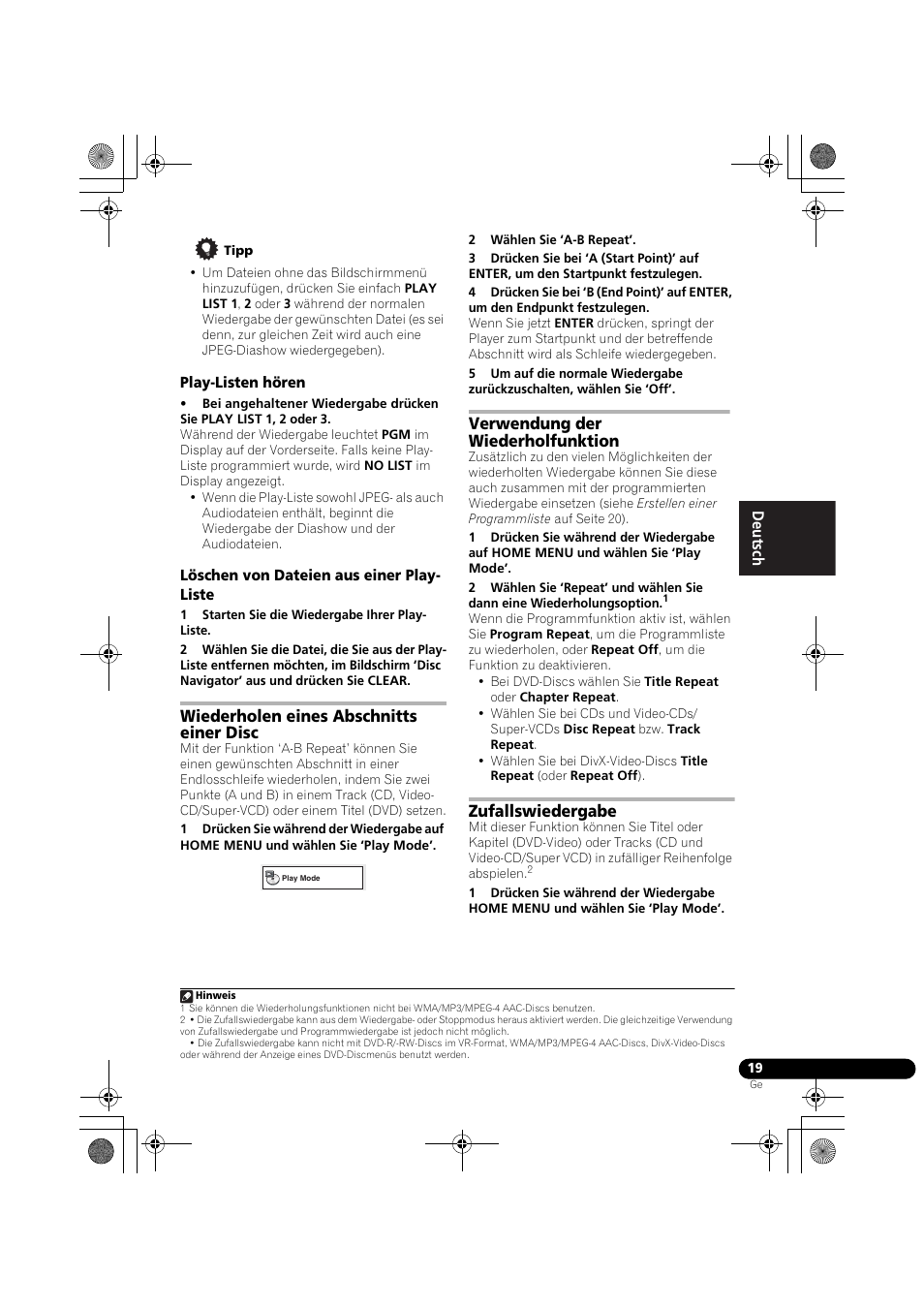 Play-listen hören, Löschen von dateien aus einer play-liste, Wiederholen eines abschnitts einer disc | Verwendung der wiederholfunktion, Zufallswiedergabe | Pioneer DCS-370 User Manual | Page 111 / 141