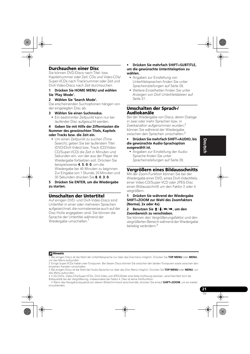 Durchsuchen einer disc, Umschalten der untertitel, Umschalten der sprach-/audiokanäle | Vergrößern eines bildausschnitts, Umschalten der sprach-/ audiokanäle | Pioneer DCS-370 User Manual | Page 113 / 141