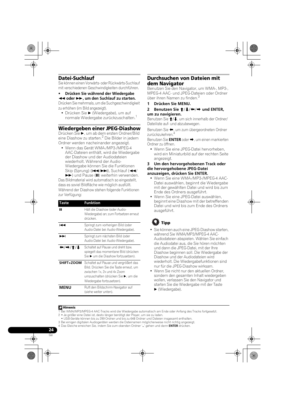 Datei-suchlauf, Wiedergeben einer jpeg-diashow, Durchsuchen von dateien mit dem navigator | Pioneer DCS-370 User Manual | Page 116 / 141