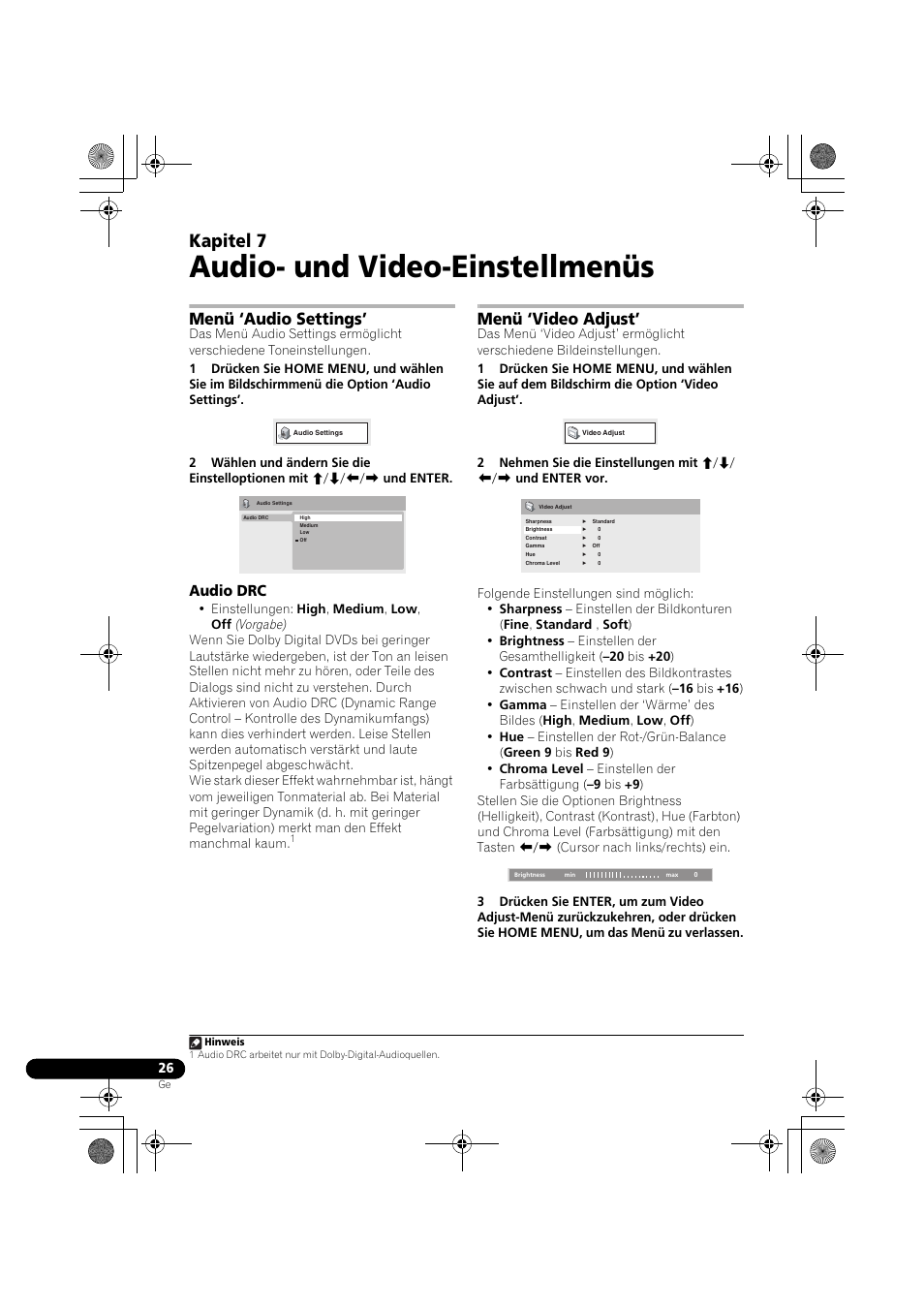 07 audio- und video-einstellmenüs, Menü ‘audio settings, Audio drc | Menü ‘video adjust, Audio- und video-einstellmenüs, Kapitel 7 | Pioneer DCS-370 User Manual | Page 118 / 141