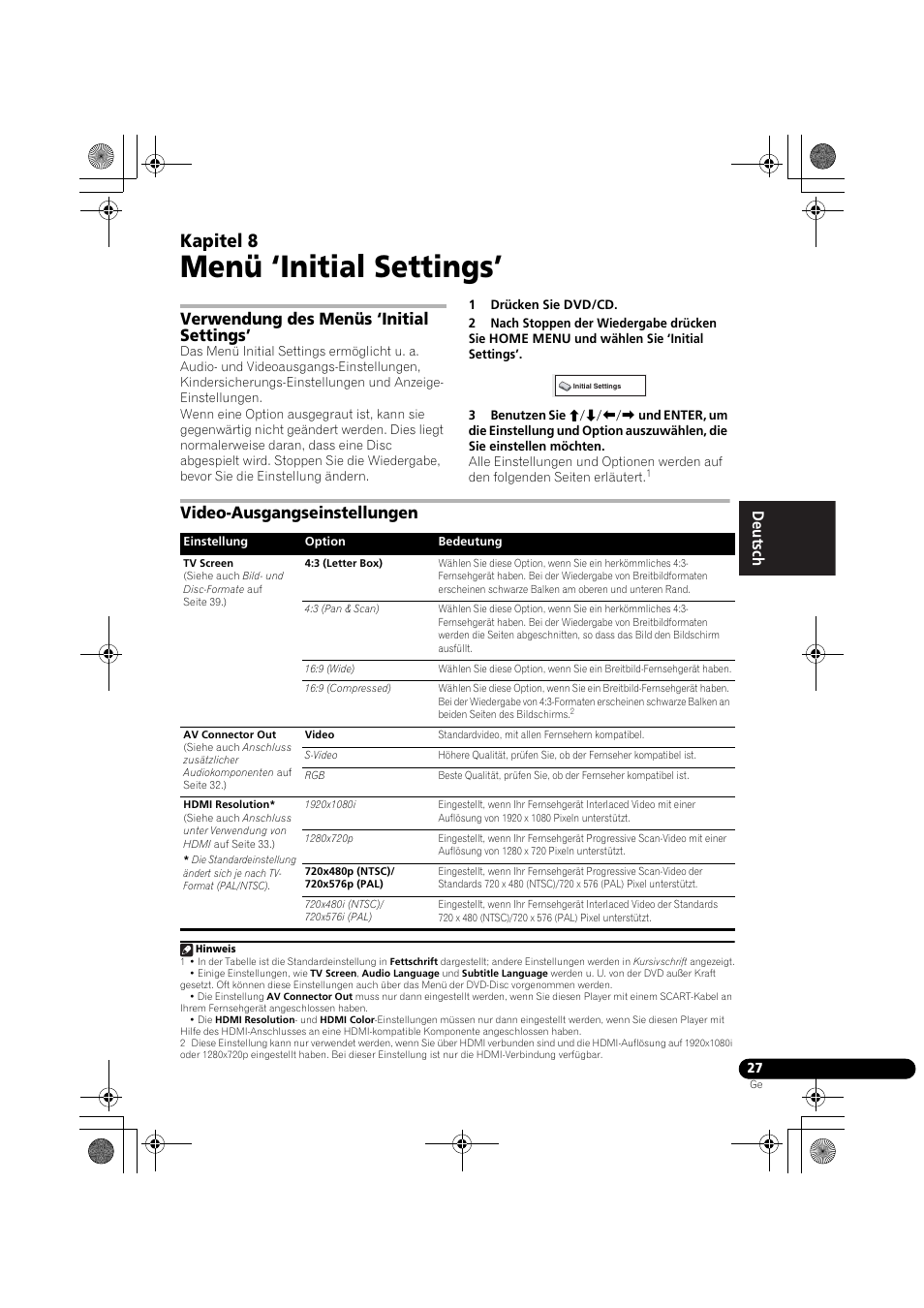 08 menü ‘initial settings, Verwendung des menüs ‘initial settings, Video-ausgangseinstellungen | Menü ‘initial settings, Kapitel 8, Françai s françai s deut sch | Pioneer DCS-370 User Manual | Page 119 / 141