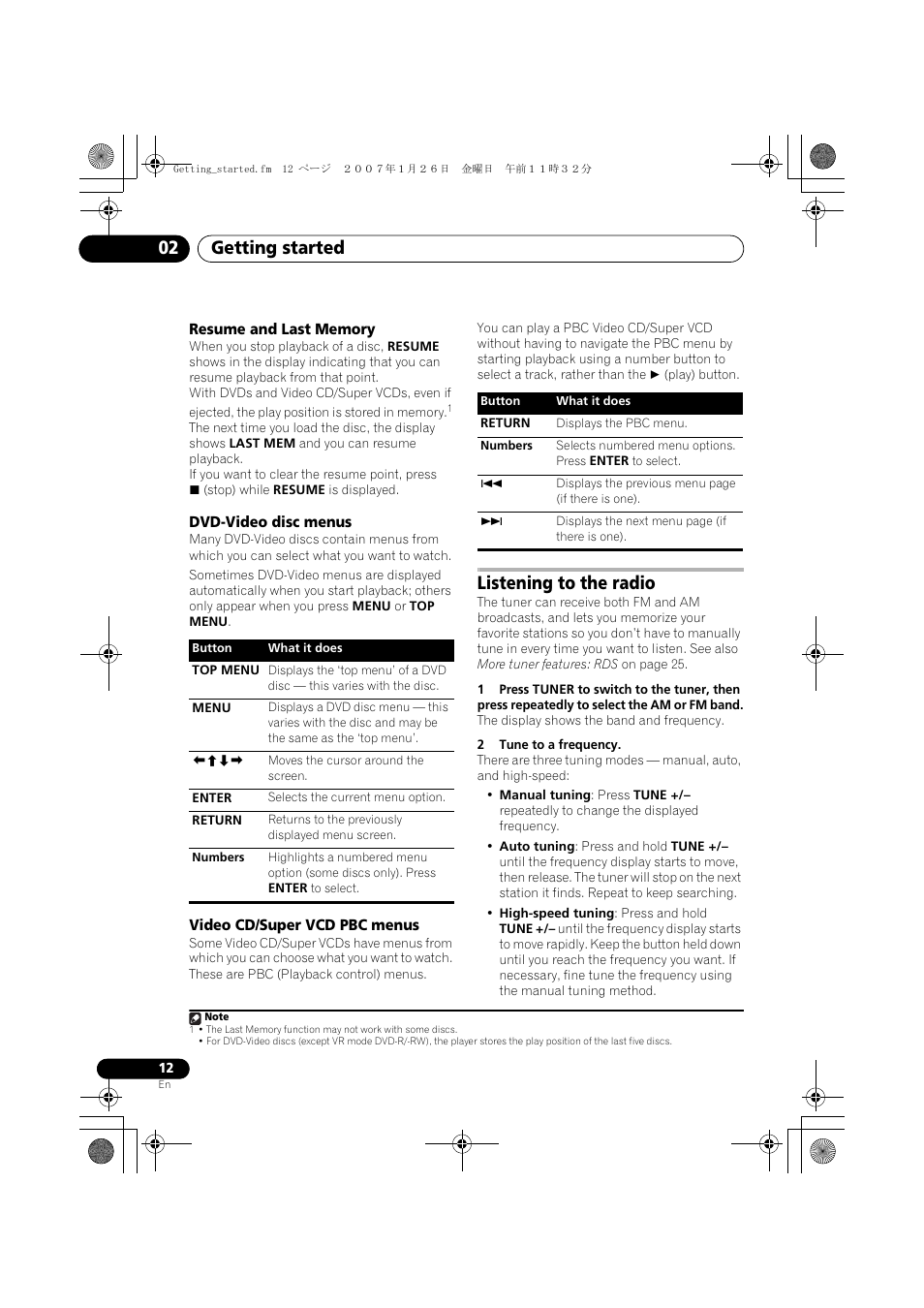 Resume and last memory, Dvd-video disc menus, Video cd/super vcd pbc menus | Listening to the radio, Getting started 02 | Pioneer DCS-370 User Manual | Page 12 / 141