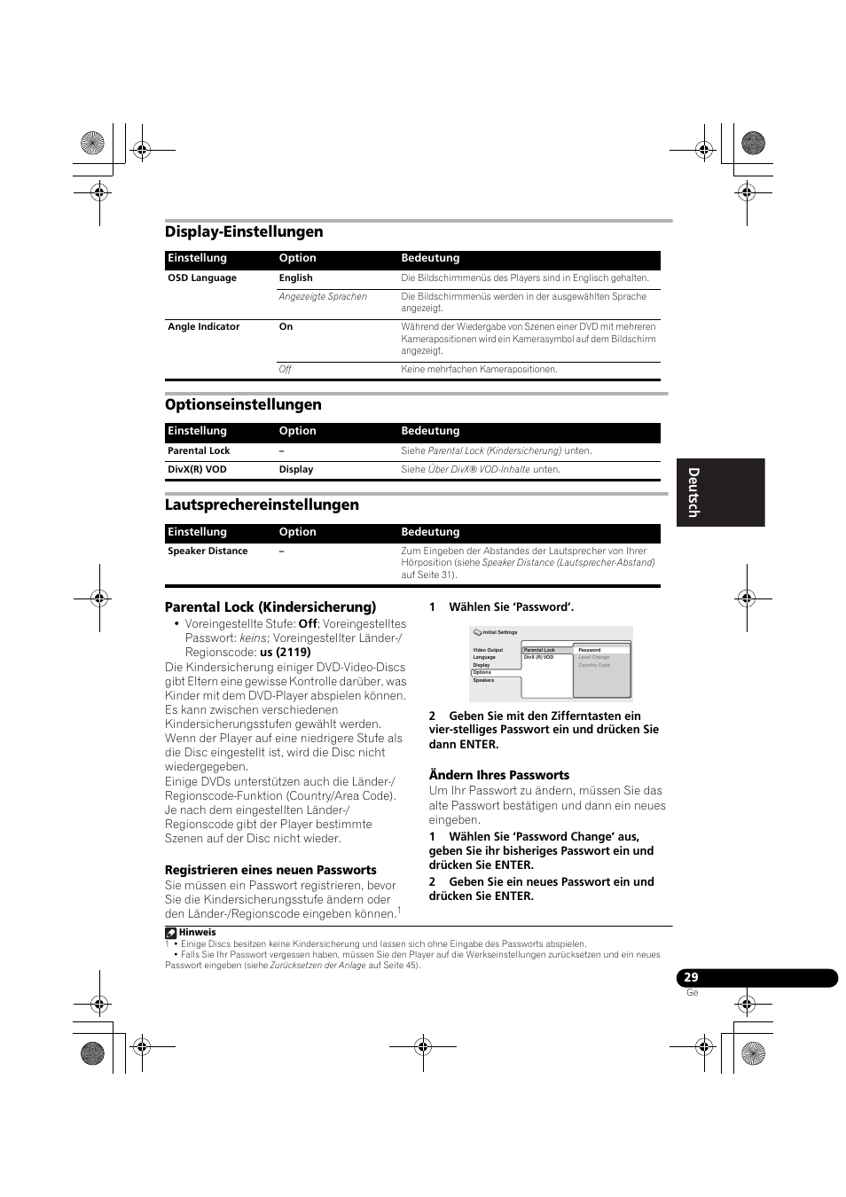 Display-einstellungen, Optionseinstellungen, Lautsprechereinstellungen | Parental lock (kindersicherung), Françai s françai s deut sch | Pioneer DCS-370 User Manual | Page 121 / 141