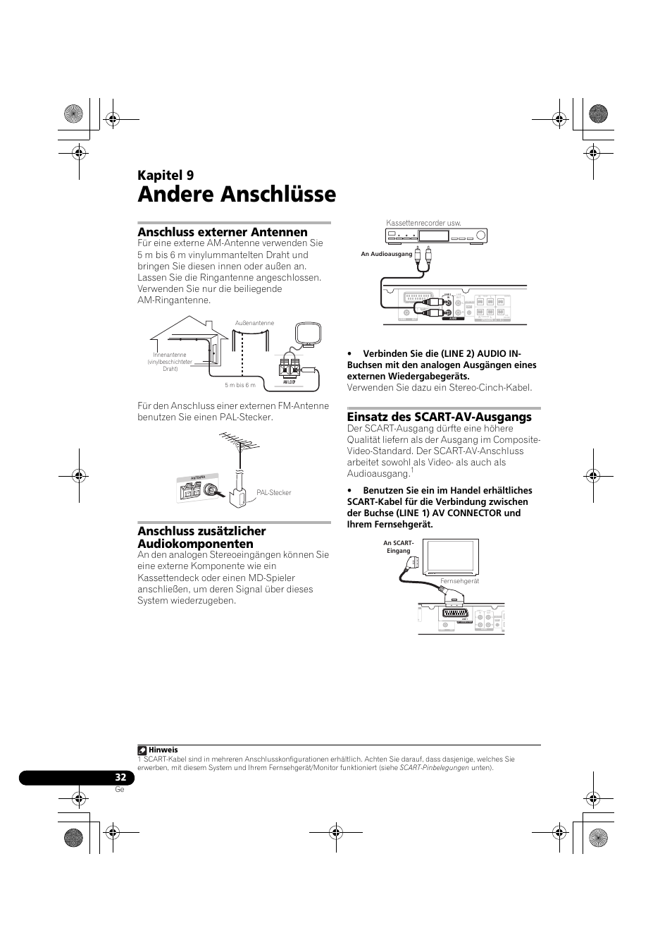 09 andere anschlüsse, Anschluss externer antennen, Anschluss zusätzlicher audiokomponenten | Einsatz des scart-av-ausgangs, Andere anschlüsse, Kapitel 9, Hinweis, Kassettenrecorder usw | Pioneer DCS-370 User Manual | Page 124 / 141