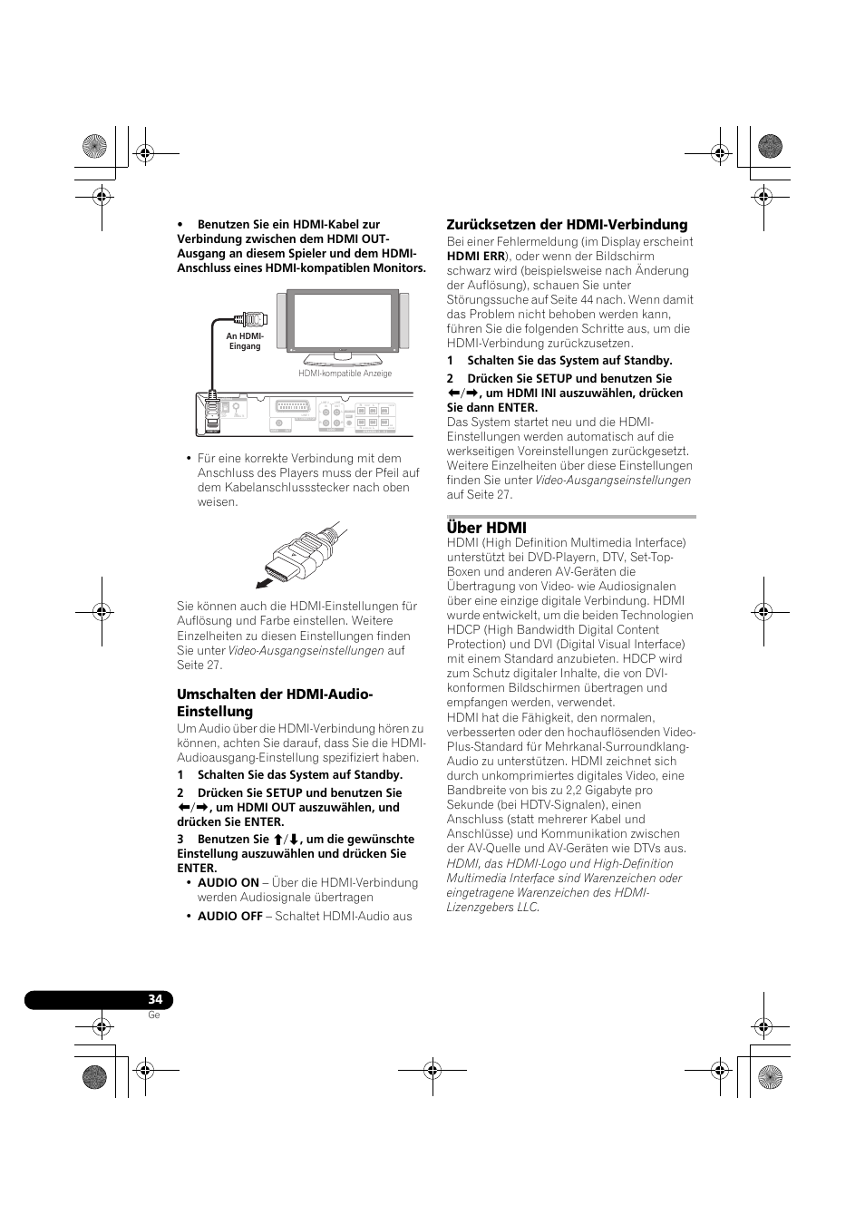 Umschalten der hdmi-audio-einstellung, Zurücksetzen der hdmi-verbindung, Über hdmi | Umschalten der hdmi-audio- einstellung | Pioneer DCS-370 User Manual | Page 126 / 141