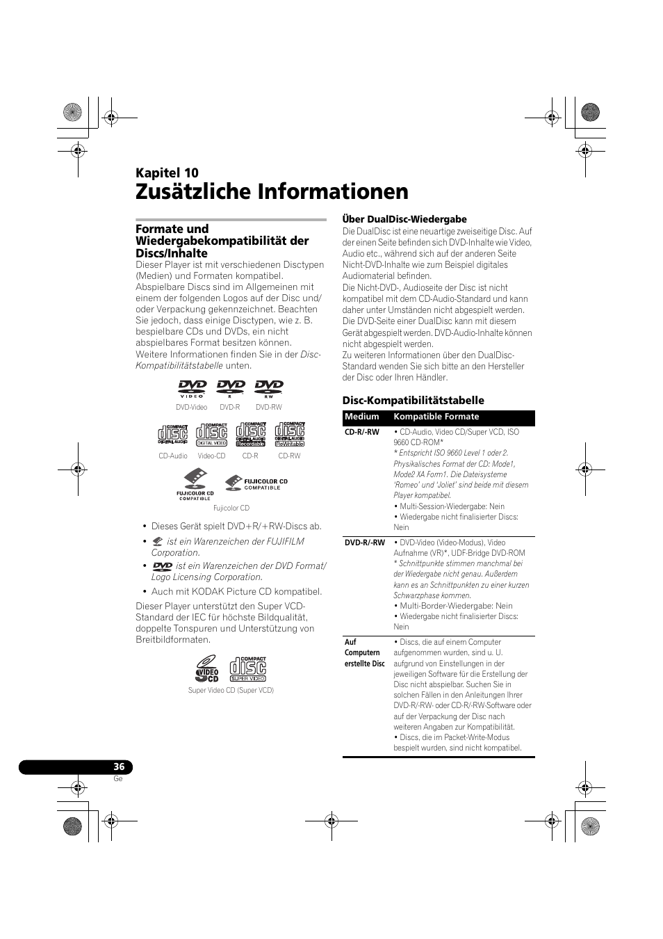 10 zusätzliche informationen, Disc-kompatibilitätstabelle, Zusätzliche informationen | Kapitel 10 | Pioneer DCS-370 User Manual | Page 128 / 141