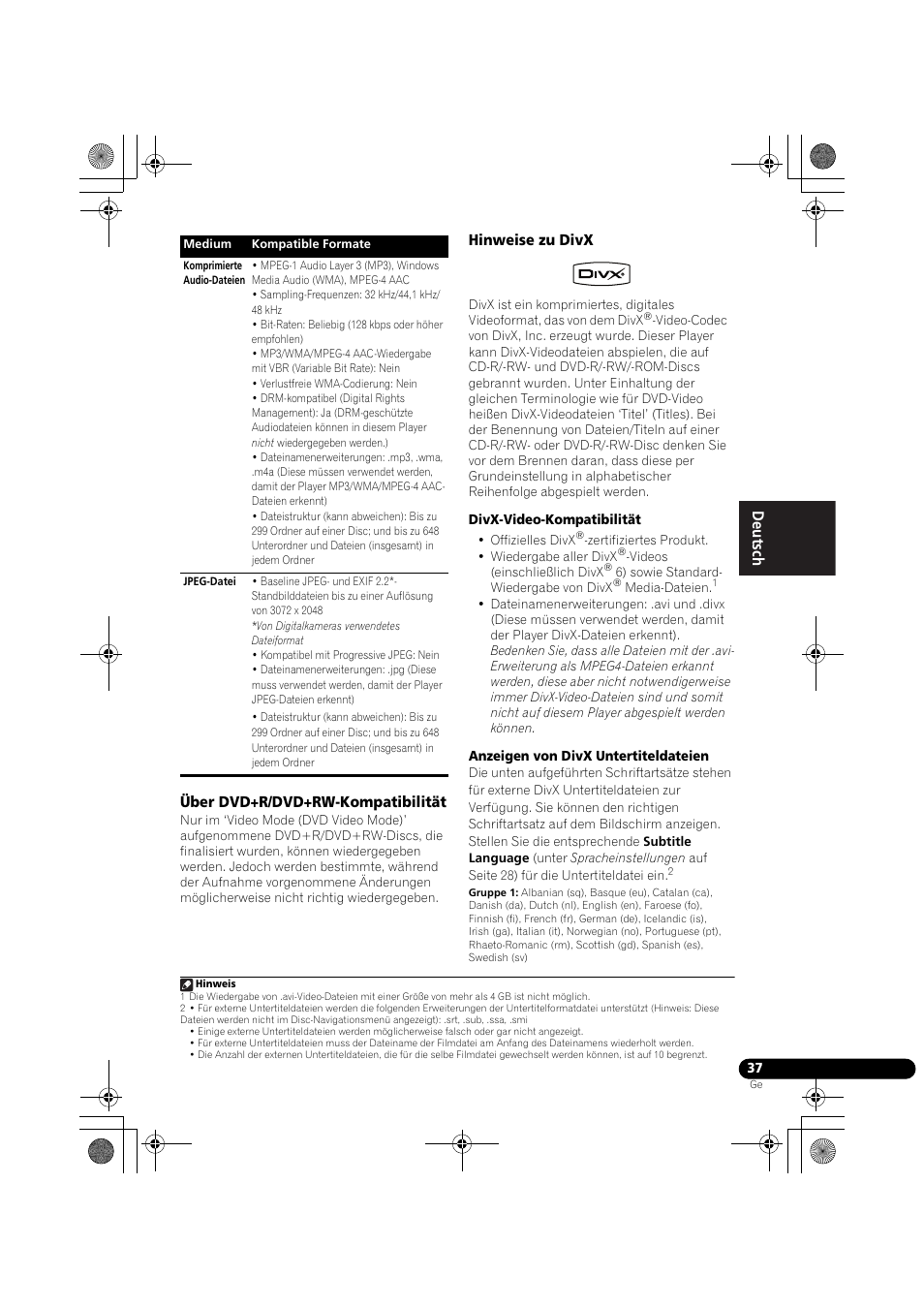 Über dvd+r/dvd+rw-kompatibilität, Hinweise zu divx | Pioneer DCS-370 User Manual | Page 129 / 141