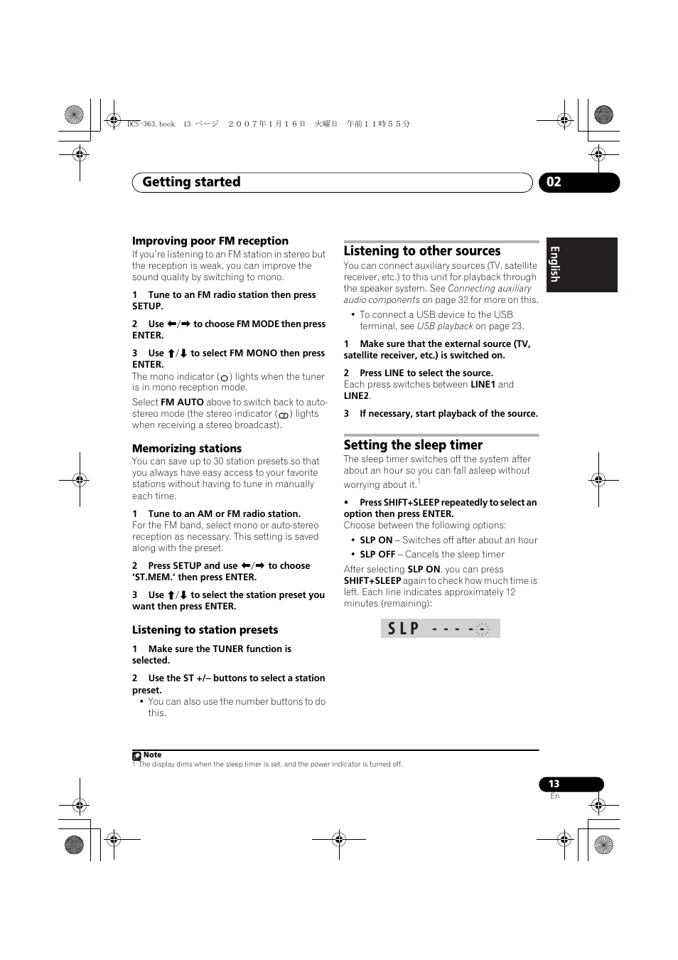 Improving poor fm reception, Memorizing stations, Listening to station presets | Listening to other sources, Setting the sleep timer, S l p, Getting started 02 | Pioneer DCS-370 User Manual | Page 13 / 141