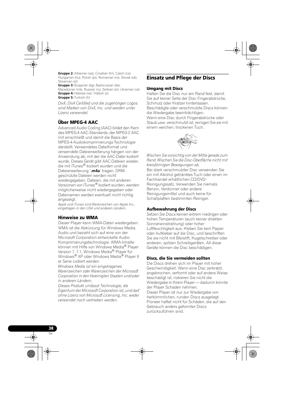 Über mpeg-4 aac, Hinweise zu wma, Einsatz und pflege der discs | Pioneer DCS-370 User Manual | Page 130 / 141