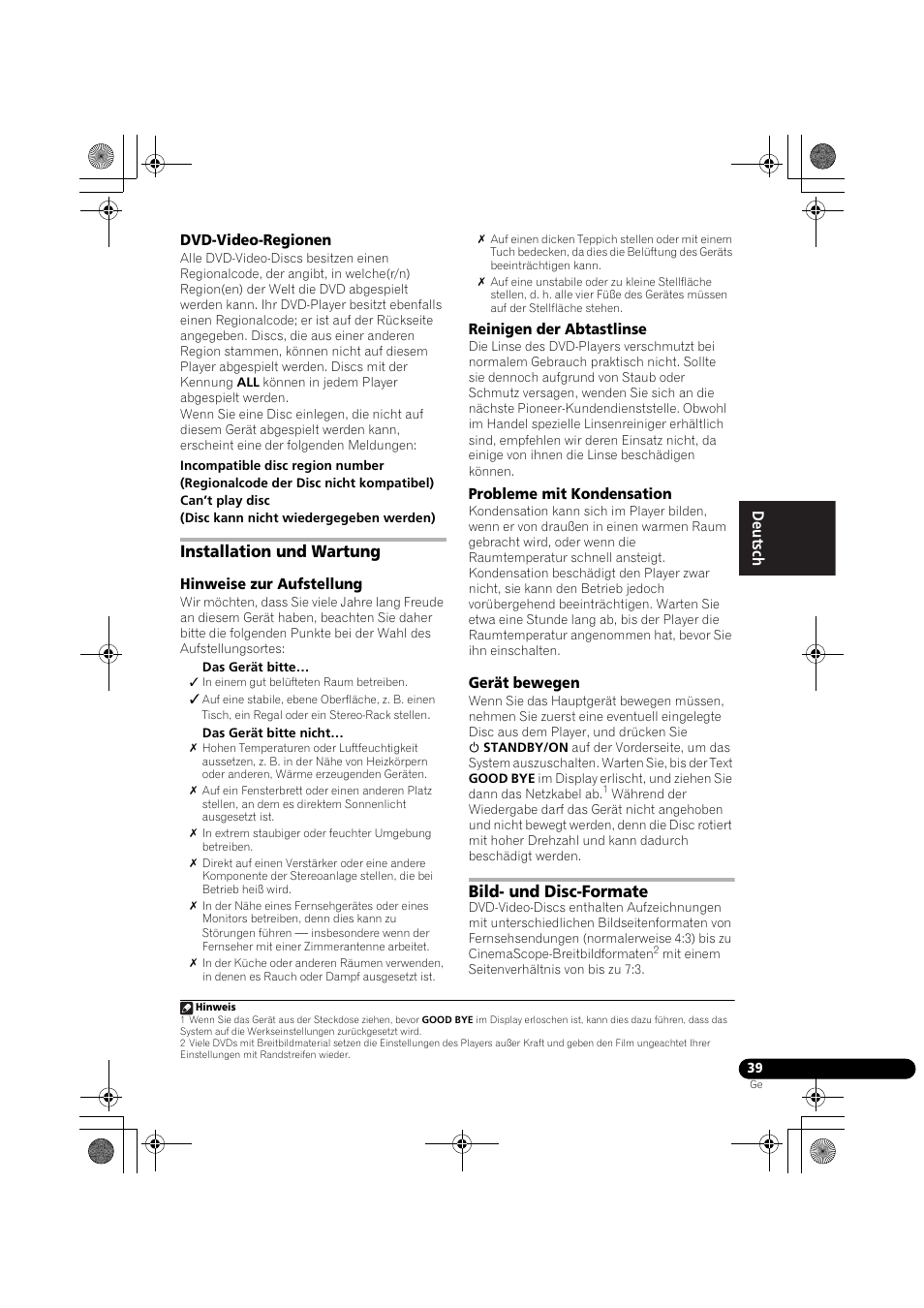 Dvd-video-regionen, Installation und wartung, Hinweise zur aufstellung | Reinigen der abtastlinse, Probleme mit kondensation, Gerät bewegen, Bild- und disc-formate | Pioneer DCS-370 User Manual | Page 131 / 141