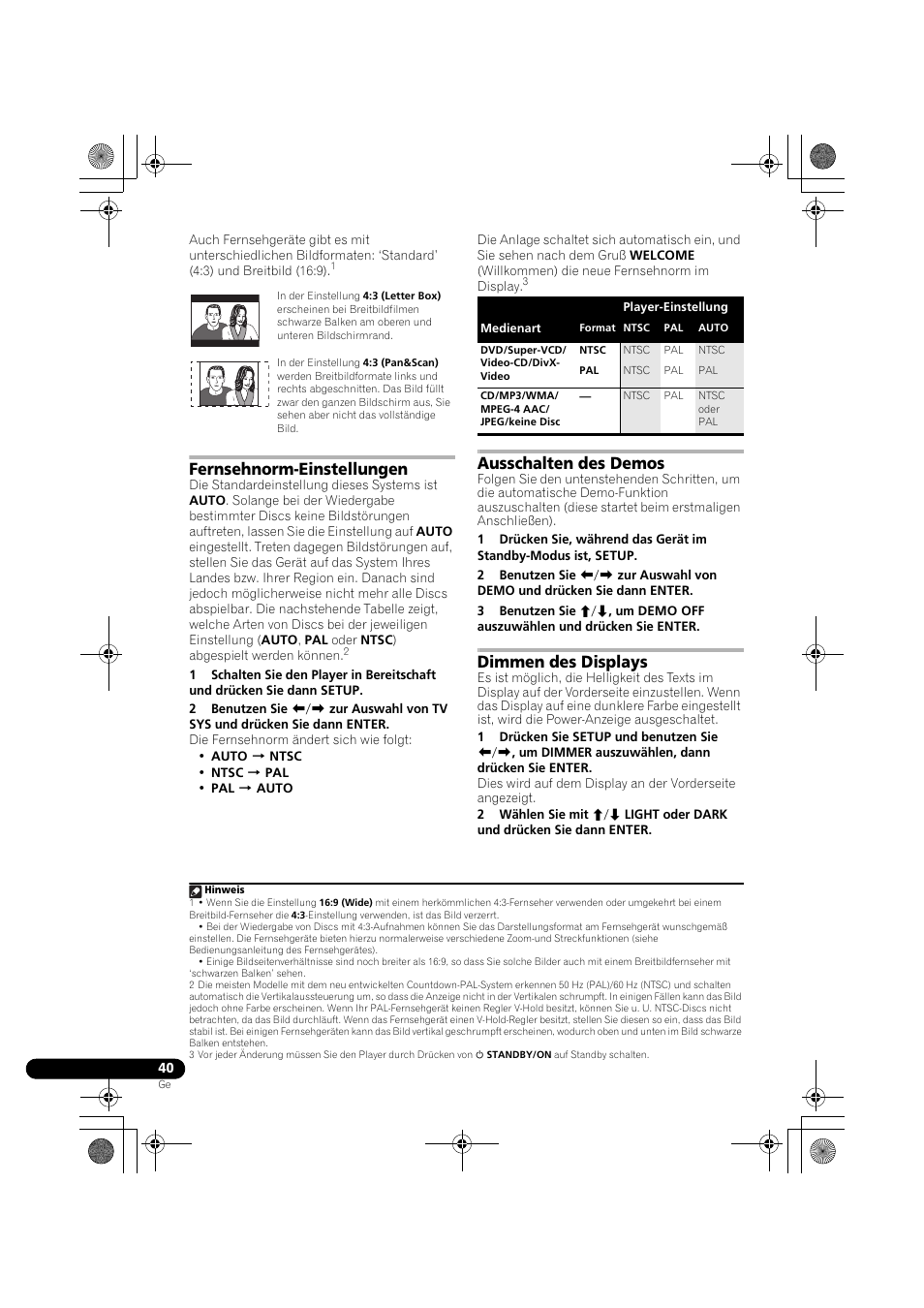 Fernsehnorm-einstellungen, Ausschalten des demos, Dimmen des displays | Pioneer DCS-370 User Manual | Page 132 / 141