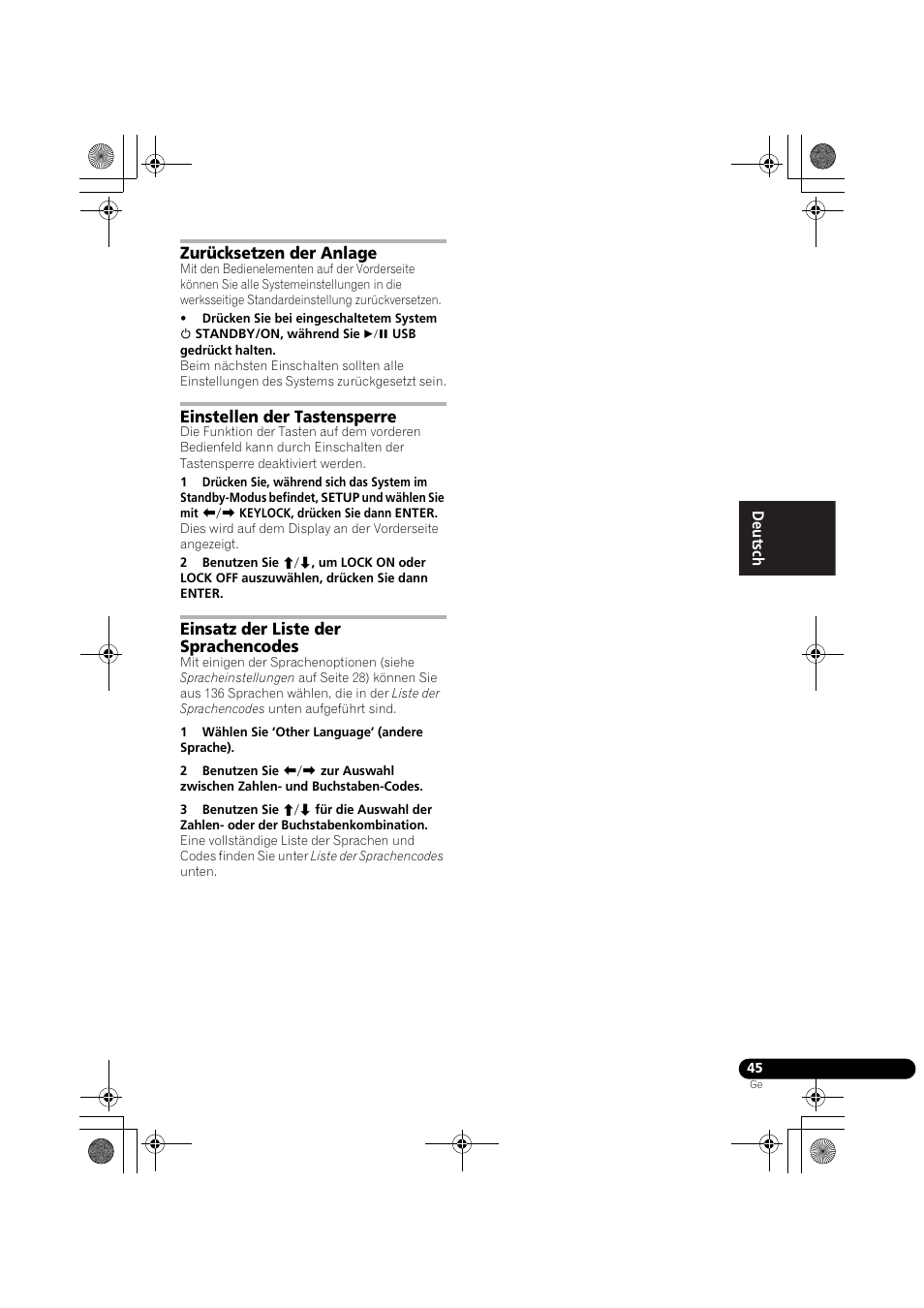 Zurücksetzen der anlage, Einstellen der tastensperre, Einsatz der liste der sprachencodes | Pioneer DCS-370 User Manual | Page 137 / 141