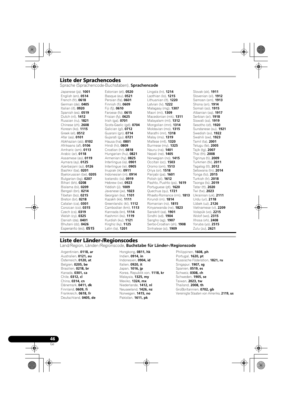 Liste der sprachencodes, Liste der länder-/regionscodes | Pioneer DCS-370 User Manual | Page 138 / 141