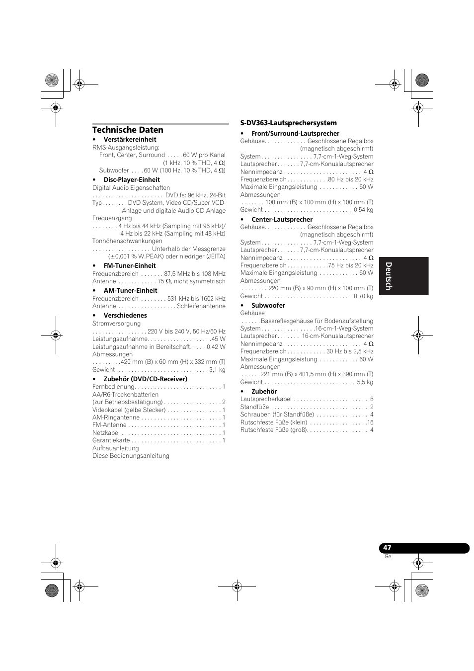 Technische daten | Pioneer DCS-370 User Manual | Page 139 / 141