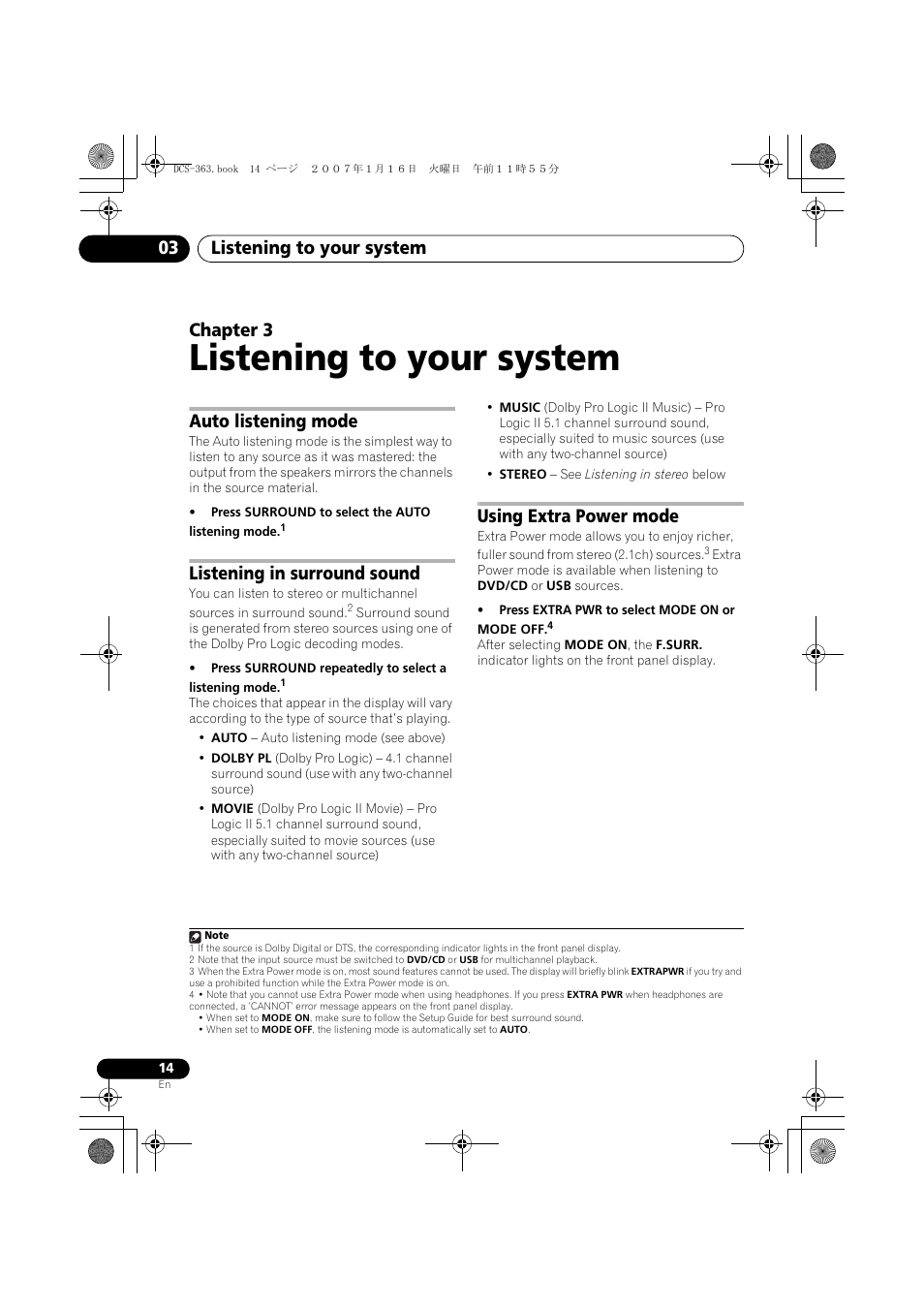 03 listening to your system, Auto listening mode, Listening in surround sound | Using extra power mode, Listening to your system, Listening to your system 03, Chapter 3 | Pioneer DCS-370 User Manual | Page 14 / 141