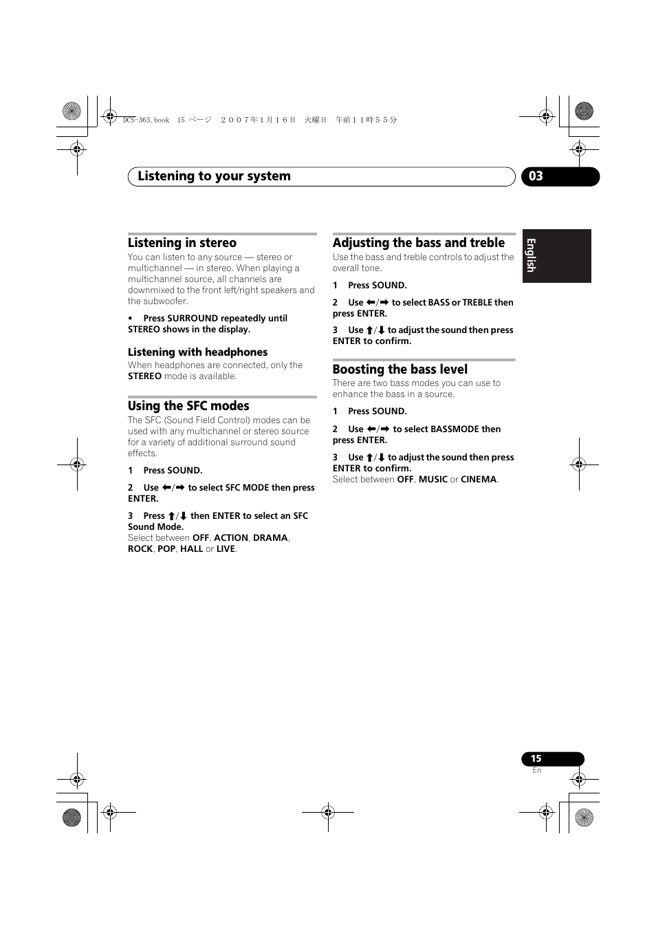 Listening in stereo, Listening with headphones, Using the sfc modes | Adjusting the bass and treble, Boosting the bass level, Listening to your system 03 | Pioneer DCS-370 User Manual | Page 15 / 141