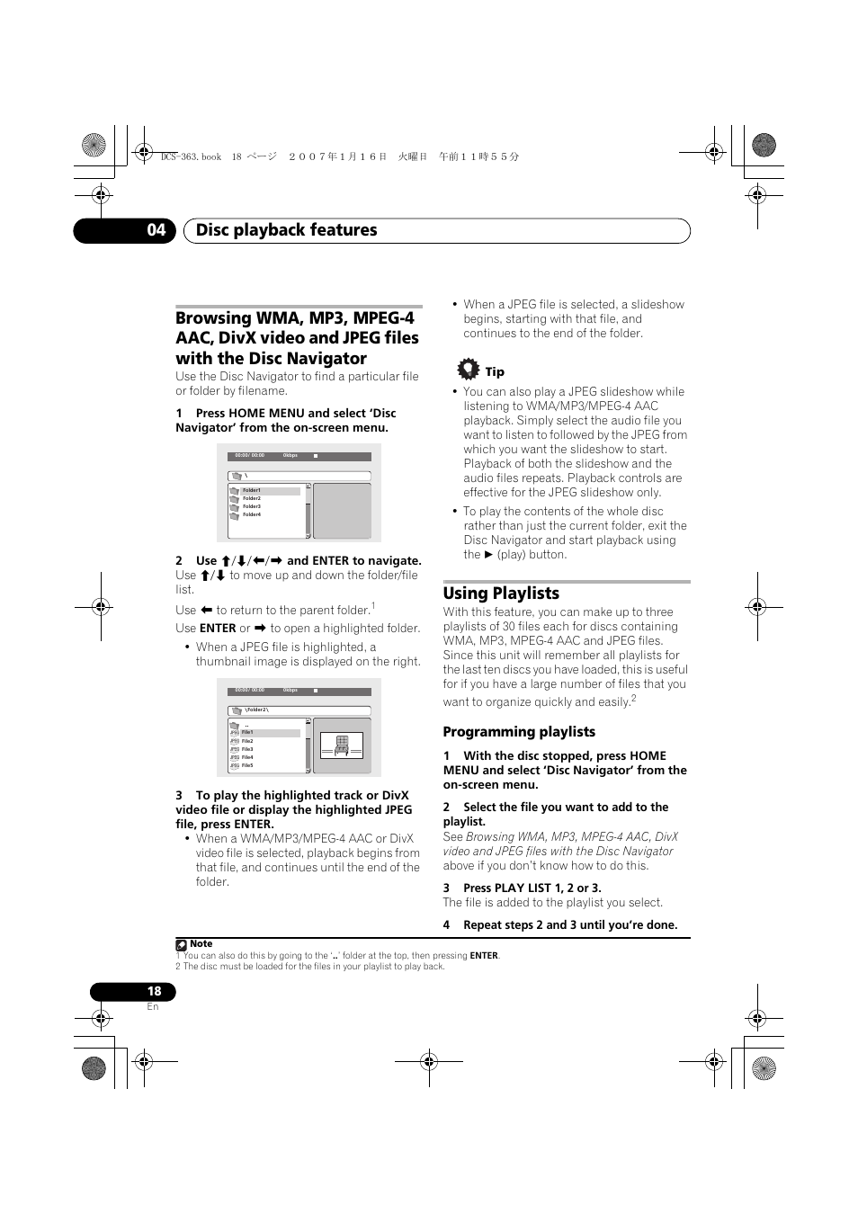 Using playlists, Programming playlists, Disc playback features 04 | Pioneer DCS-370 User Manual | Page 18 / 141
