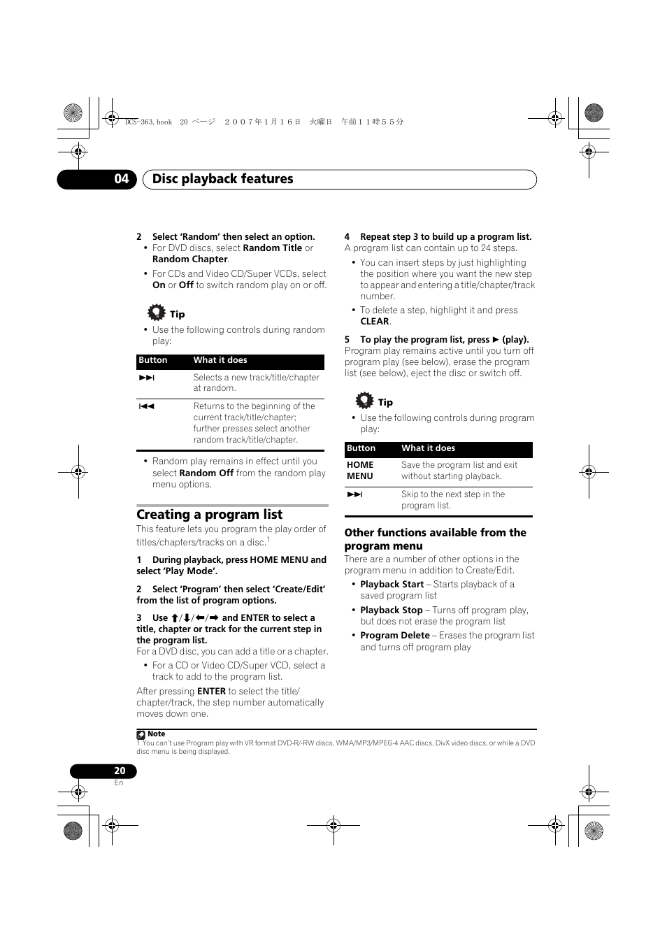 Creating a program list, Other functions available from the program menu, Disc playback features 04 | Pioneer DCS-370 User Manual | Page 20 / 141