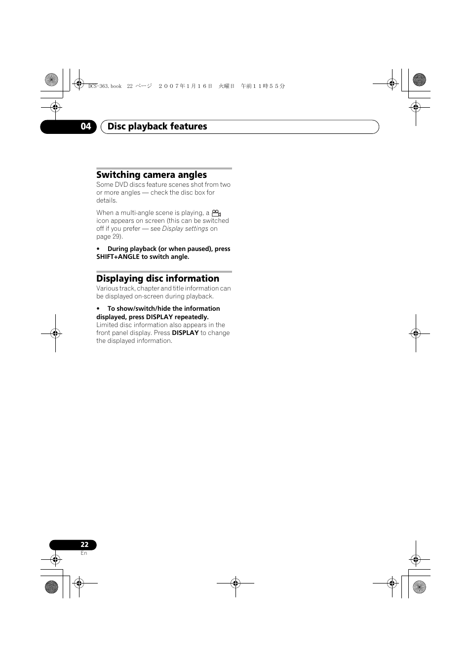 Switching camera angles, Displaying disc information, Disc playback features 04 | Pioneer DCS-370 User Manual | Page 22 / 141