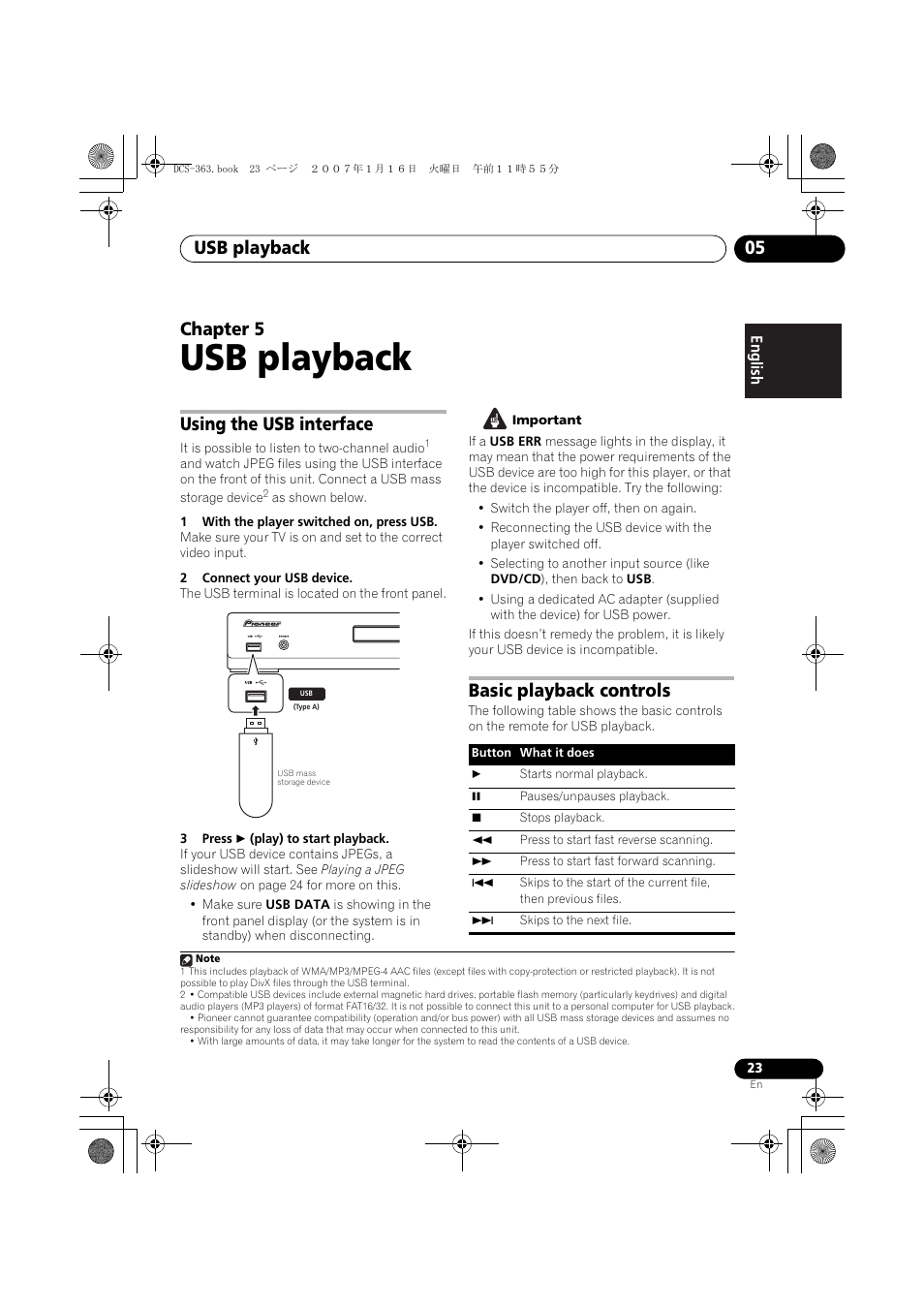 05 usb playback, Using the usb interface, Basic playback controls | Usb playback, Usb playback 05, Chapter 5 | Pioneer DCS-370 User Manual | Page 23 / 141