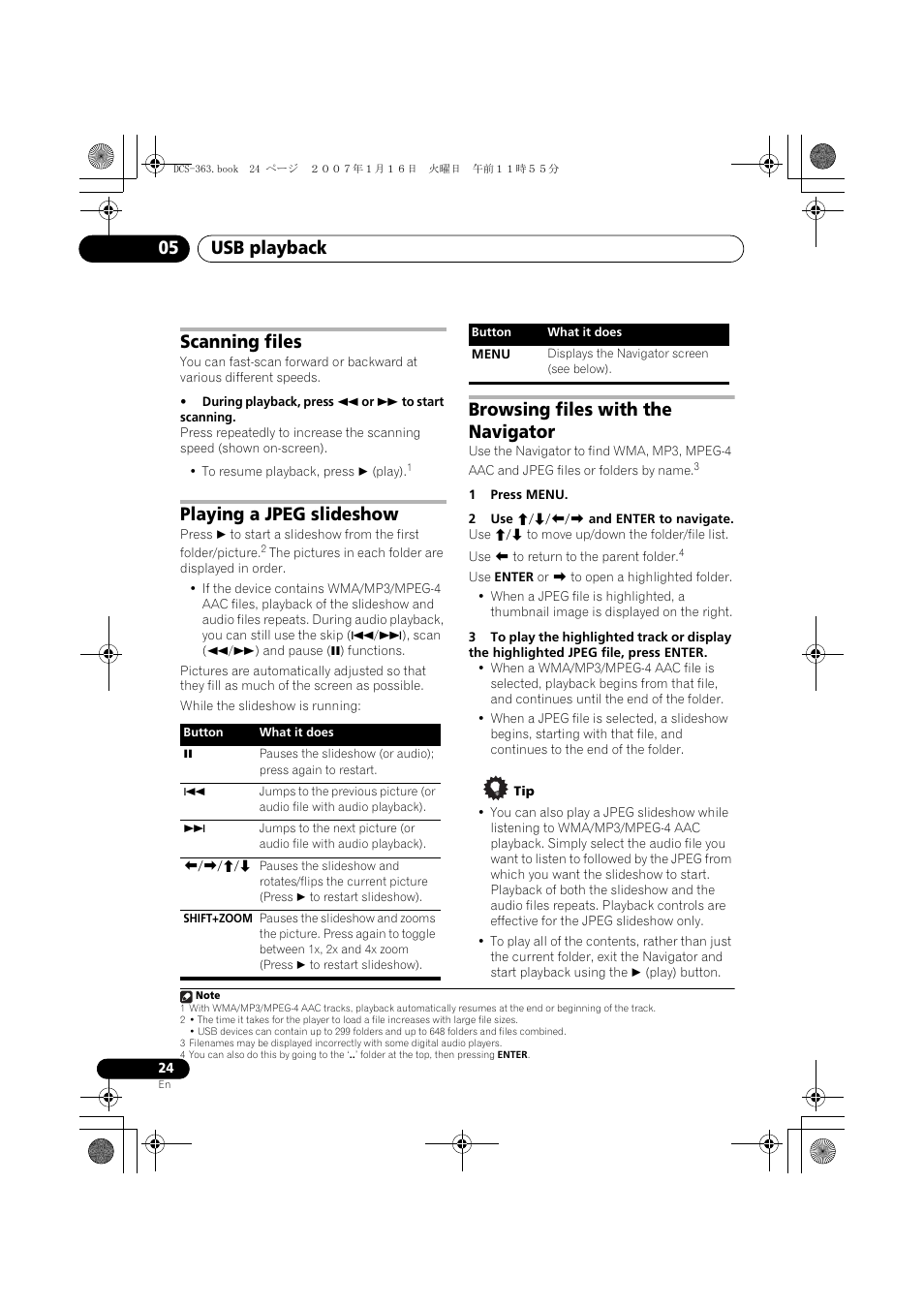 Scanning files, Playing a jpeg slideshow, Browsing files with the navigator | Usb playback 05 | Pioneer DCS-370 User Manual | Page 24 / 141