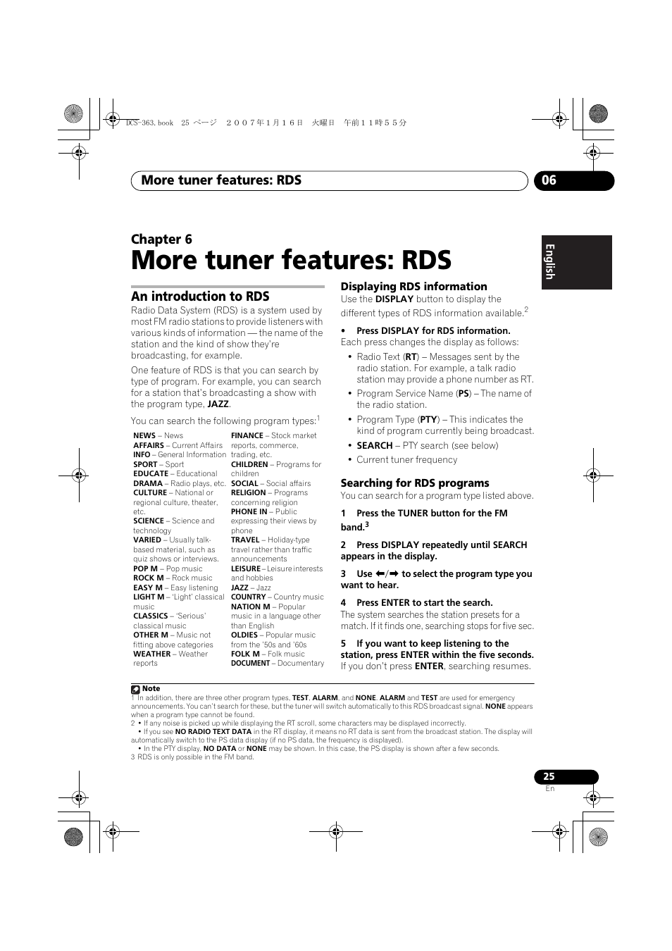 06 more tuner features: rds, An introduction to rds, Displaying rds information | Searching for rds programs, More tuner features: rds, More tuner features: rds 06, Chapter 6 | Pioneer DCS-370 User Manual | Page 25 / 141