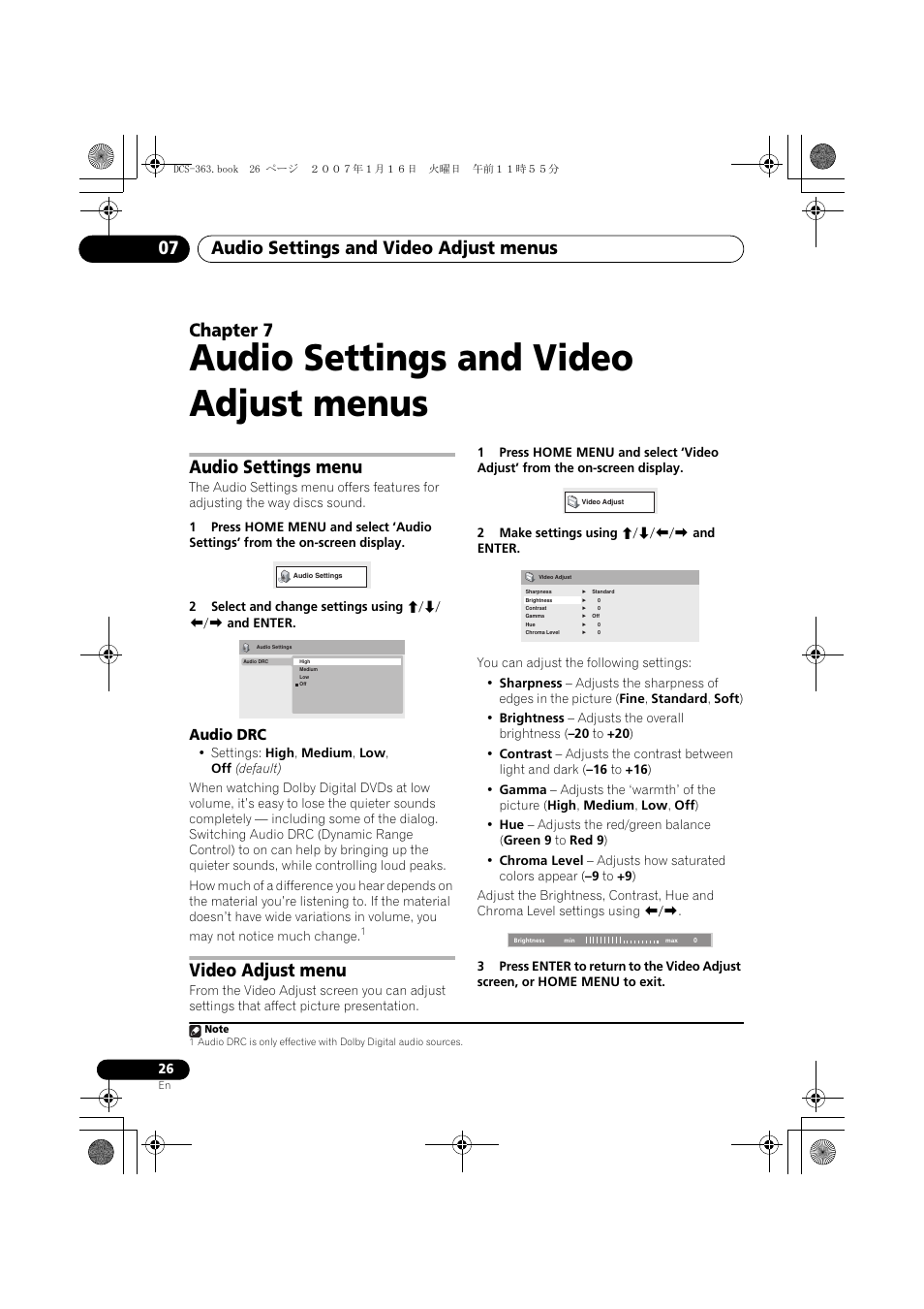 07 audio settings and video adjust menus, Audio settings menu, Audio drc | Video adjust menu, Audio settings and video adjust menus, Audio settings and video adjust menus 07, Chapter 7 | Pioneer DCS-370 User Manual | Page 26 / 141