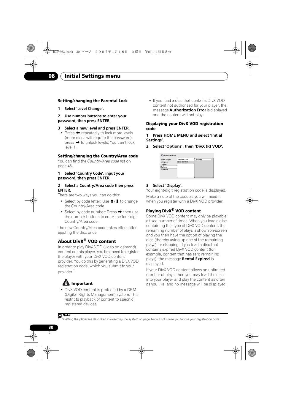 About divx® vod content, Initial settings menu 08 | Pioneer DCS-370 User Manual | Page 30 / 141