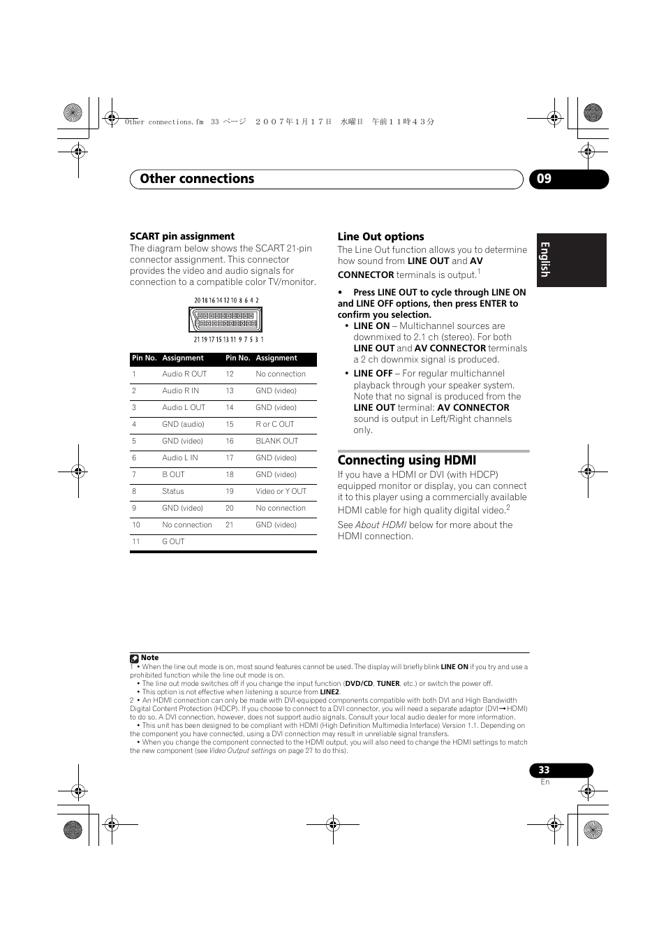 Line out options, Connecting using hdmi, Other connections 09 | Pioneer DCS-370 User Manual | Page 33 / 141