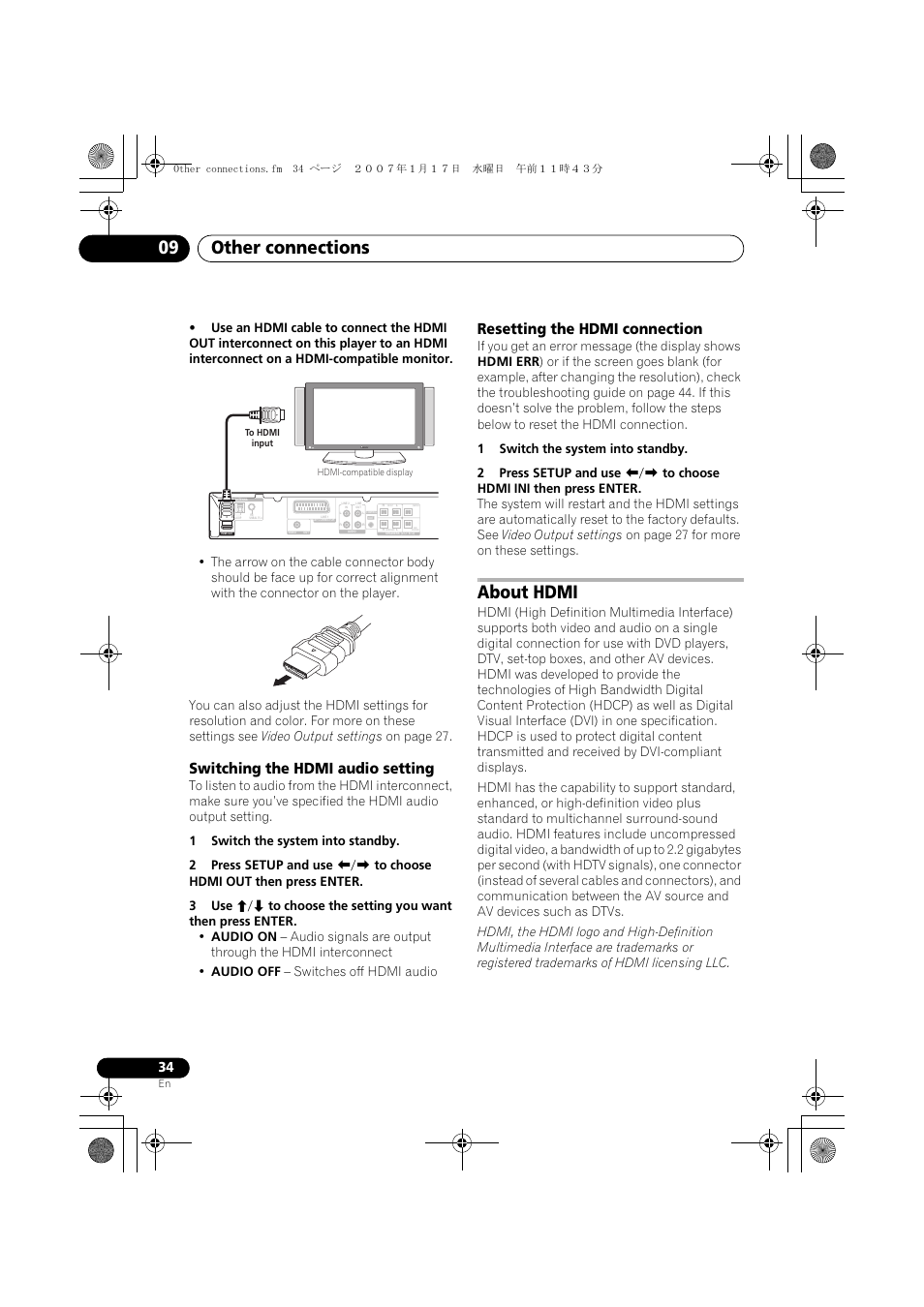Switching the hdmi audio setting, Resetting the hdmi connection, About hdmi | Other connections 09 | Pioneer DCS-370 User Manual | Page 34 / 141
