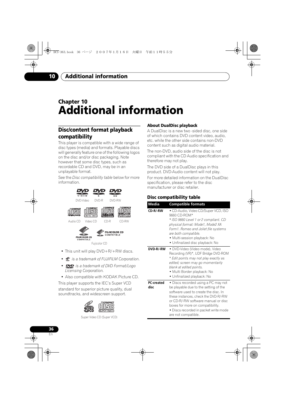 10 additional information, Disc/content format playback compatibility, Disc compatibility table | Additional information, Additional information 10, Chapter 10 | Pioneer DCS-370 User Manual | Page 36 / 141