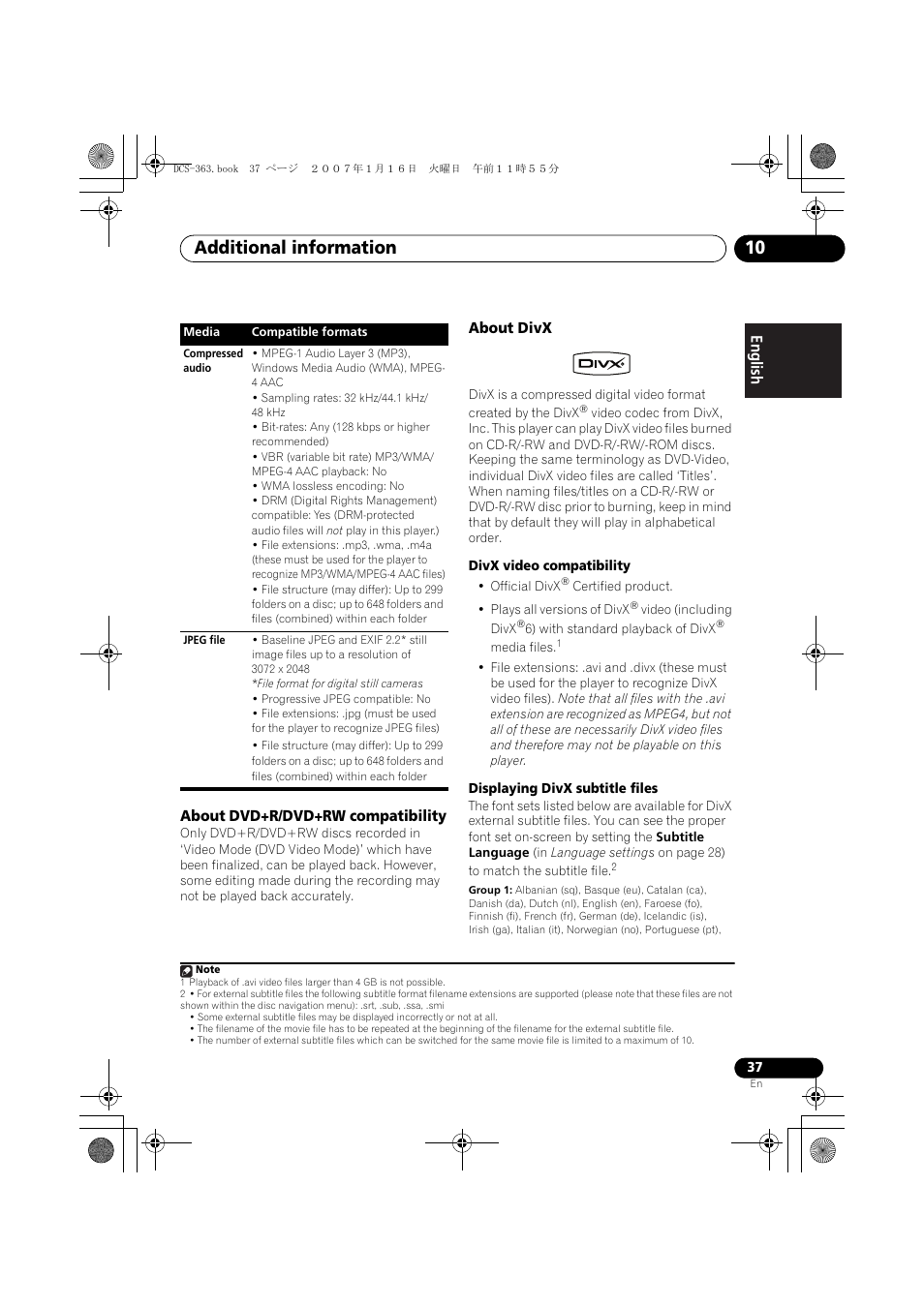 About dvd+r/dvd+rw compatibility, About divx, Additional information 10 | Pioneer DCS-370 User Manual | Page 37 / 141