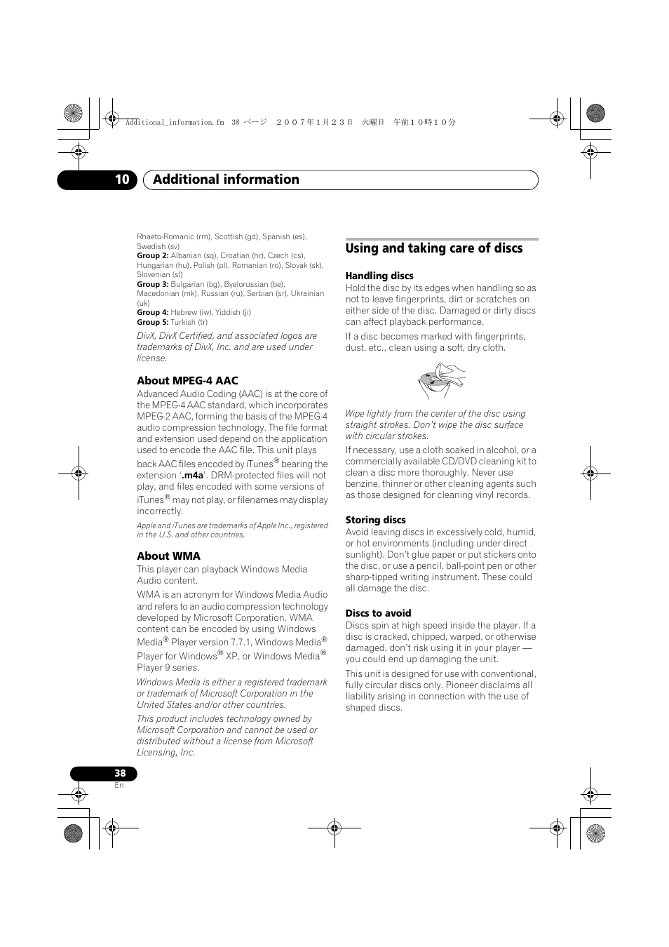 About mpeg-4 aac, About wma, Using and taking care of discs | Additional information 10 | Pioneer DCS-370 User Manual | Page 38 / 141