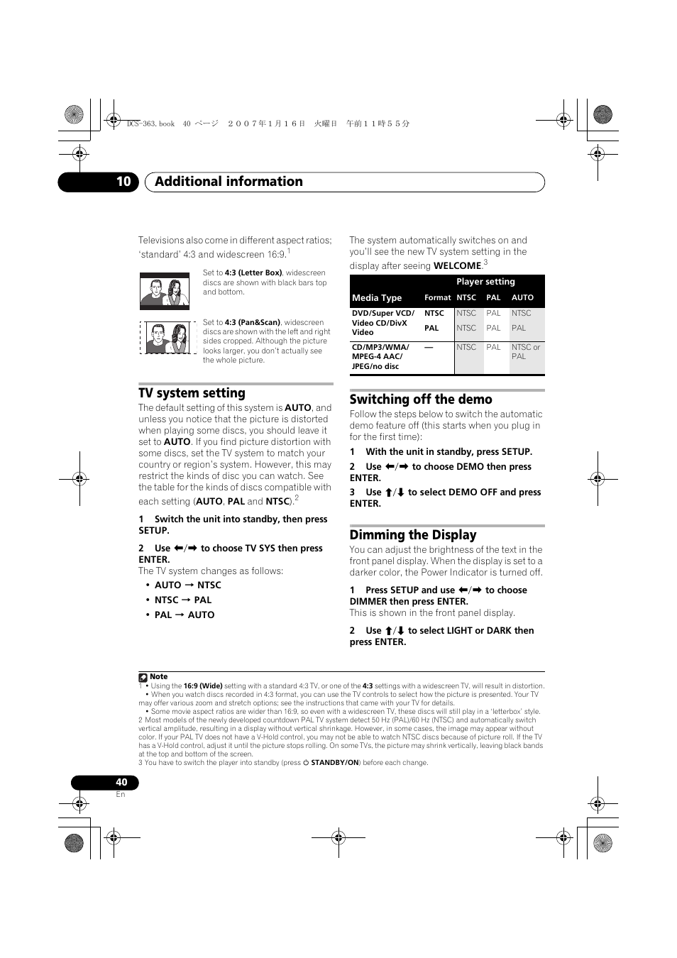 Tv system setting, Switching off the demo, Dimming the display | Additional information 10 | Pioneer DCS-370 User Manual | Page 40 / 141