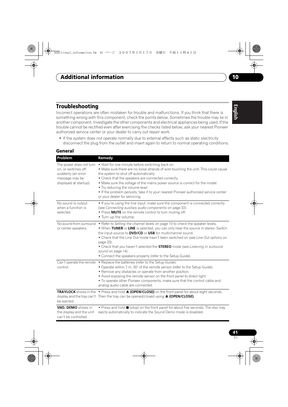 Troubleshooting, General, Additional information 10 | Pioneer DCS-370 User Manual | Page 41 / 141