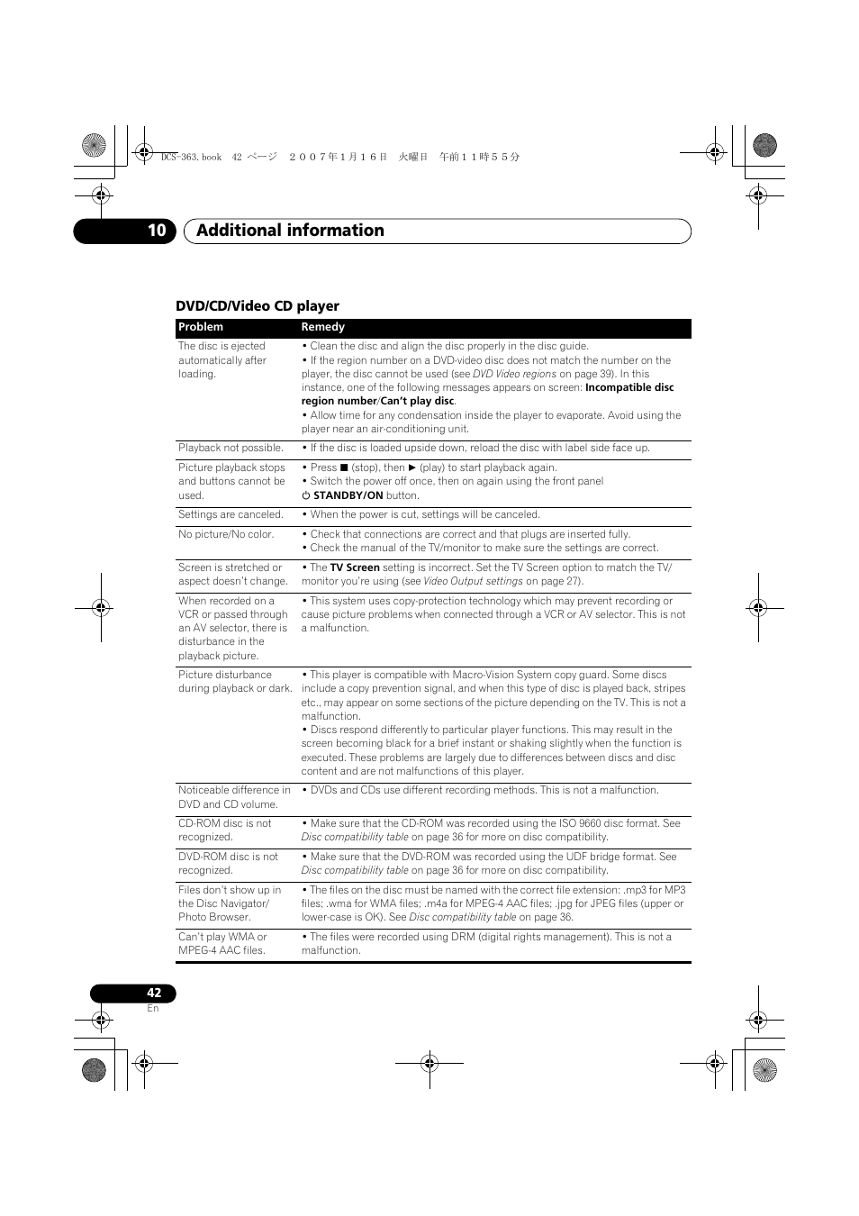 Dvd/cd/video cd player, Additional information 10 | Pioneer DCS-370 User Manual | Page 42 / 141