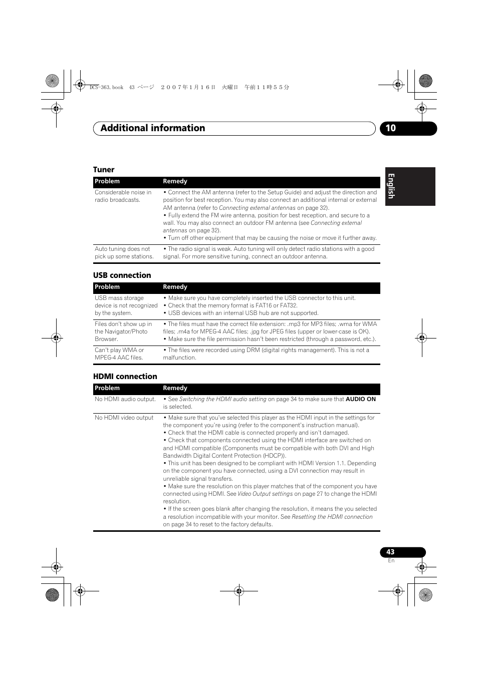 Tuner, Usb connection, Hdmi connection | Additional information 10 | Pioneer DCS-370 User Manual | Page 43 / 141