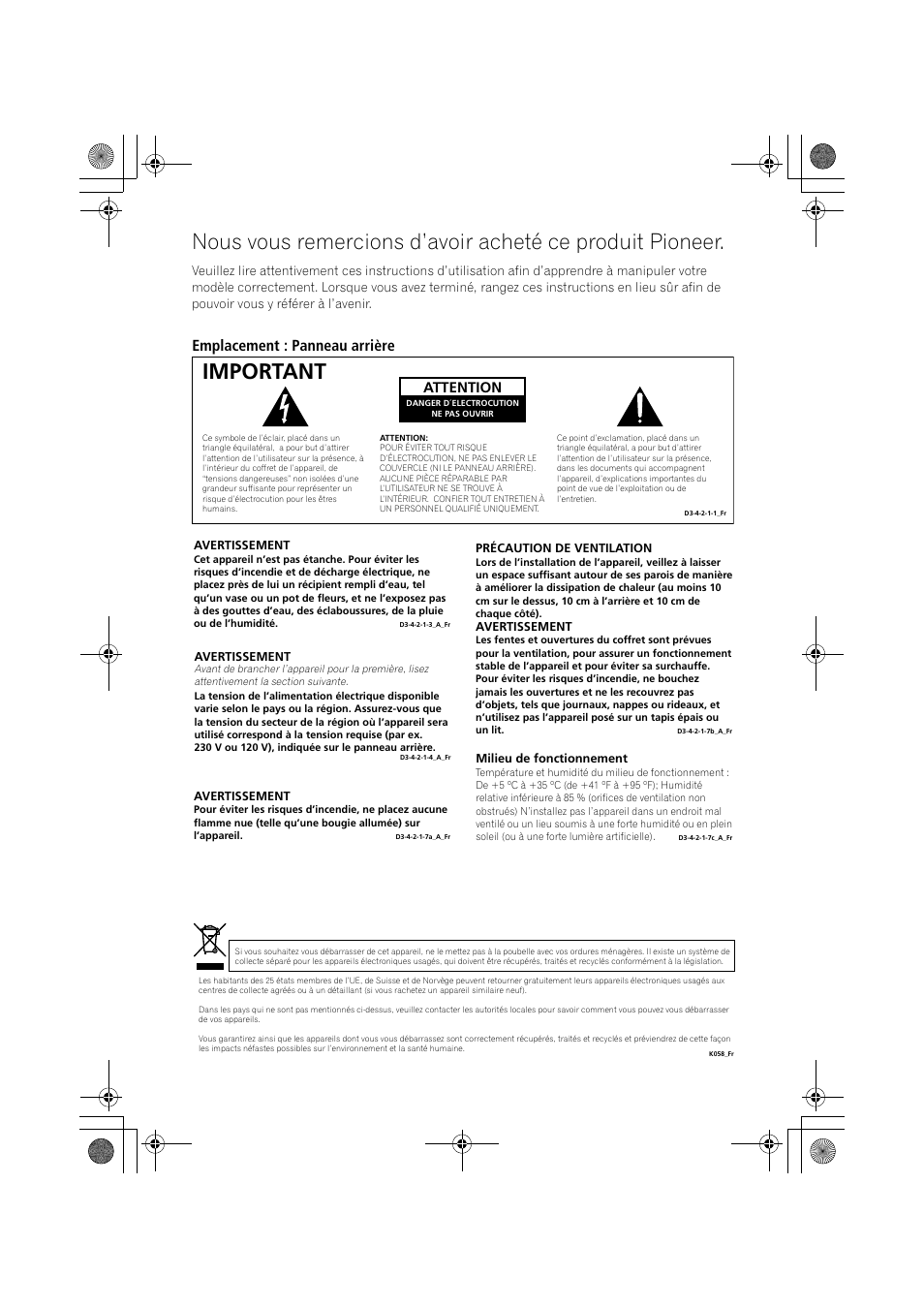 Important, Emplacement : panneau arrière, Attention | Pioneer DCS-370 User Manual | Page 48 / 141