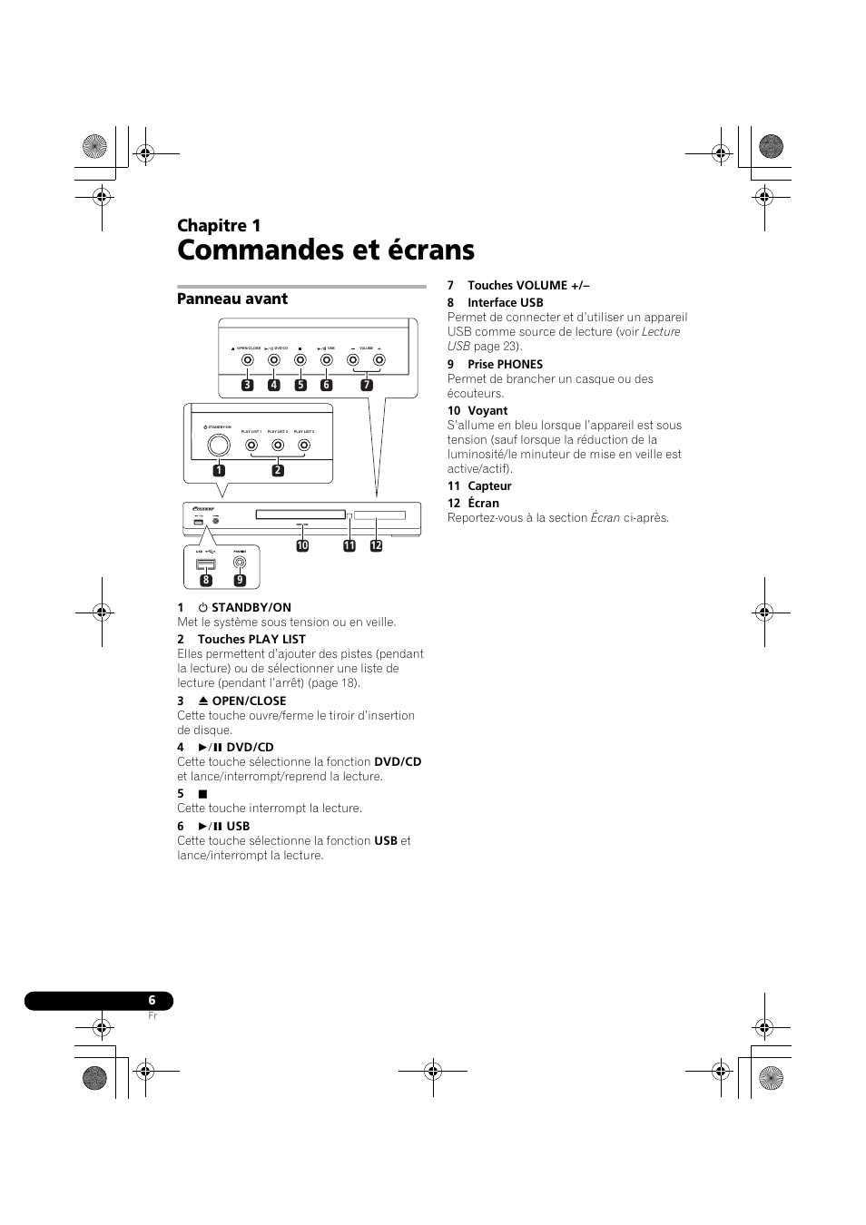 01 commandes et écrans, Panneau avant, Commandes et écrans | Chapitre 1 | Pioneer DCS-370 User Manual | Page 52 / 141