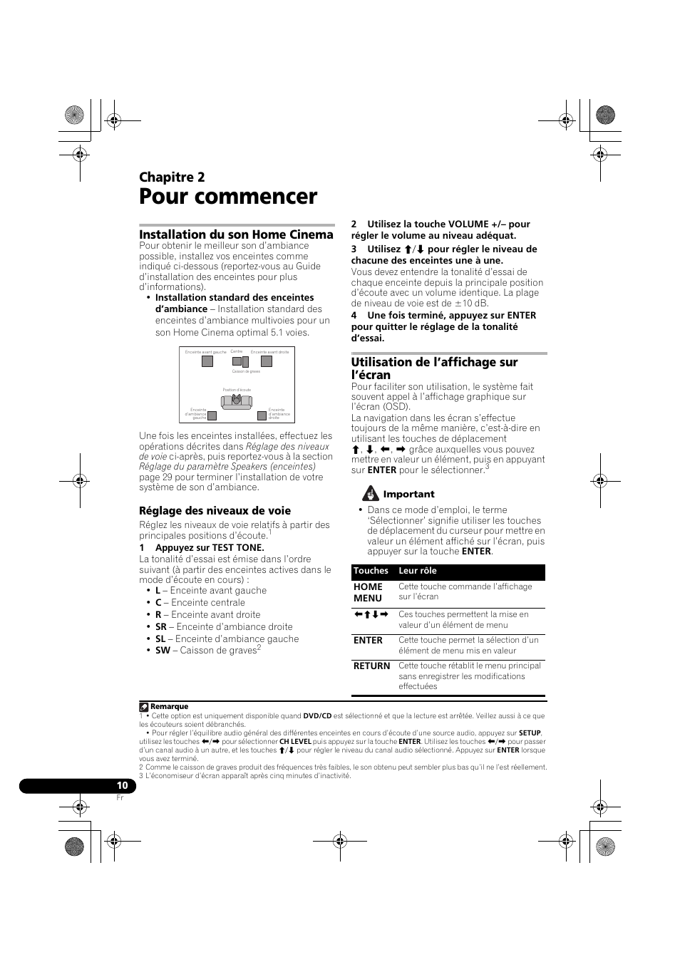 02 pour commencer, Installation du son home cinema, Réglage des niveaux de voie | Utilisation de l’affichage sur l’écran, Pour commencer, Chapitre 2 | Pioneer DCS-370 User Manual | Page 56 / 141