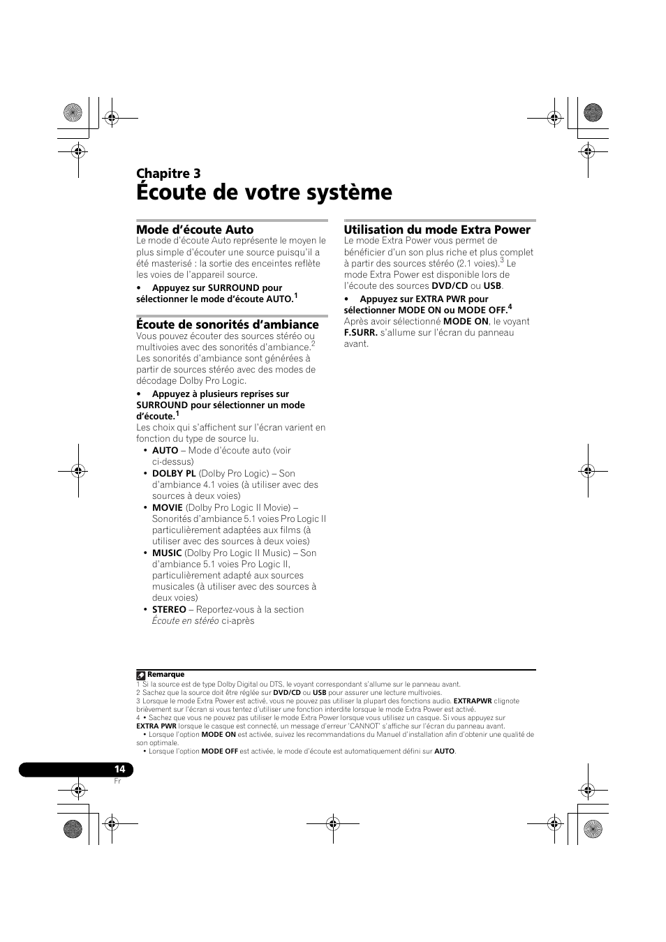 03 écoute de votre système, Mode d’écoute auto, Écoute de sonorités d’ambiance | Utilisation du mode extra power, Écoute de votre système, Chapitre 3 | Pioneer DCS-370 User Manual | Page 60 / 141