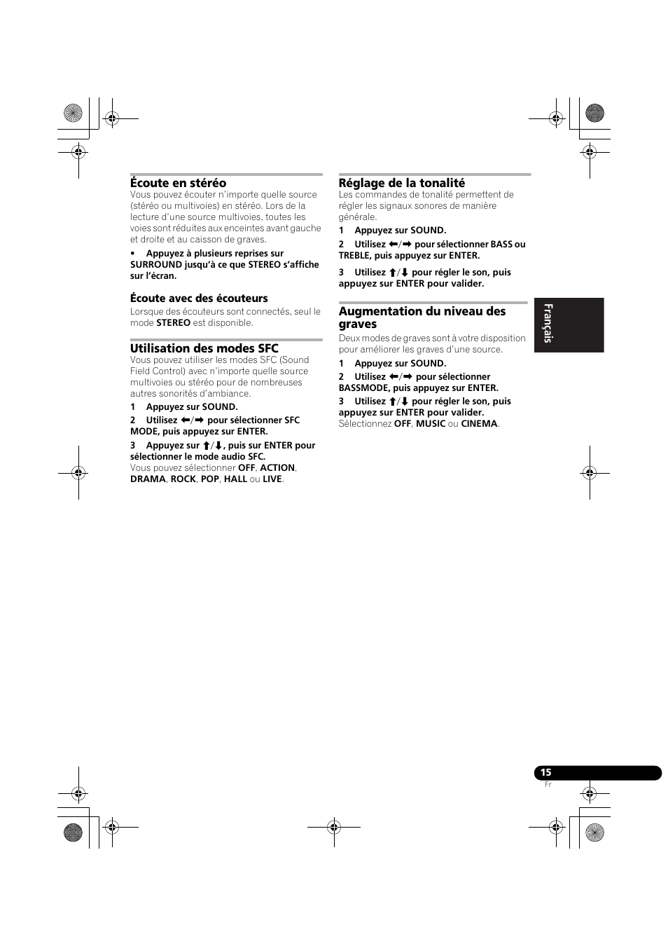 Écoute en stéréo, Écoute avec des écouteurs, Utilisation des modes sfc | Réglage de la tonalité, Augmentation du niveau des graves | Pioneer DCS-370 User Manual | Page 61 / 141
