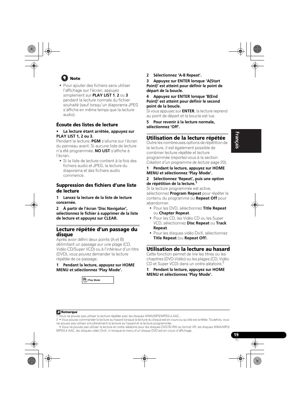 Écoute des listes de lecture, Suppression des fichiers d’une liste de lecture, Lecture répétée d’un passage du disque | Utilisation de la lecture répétée, Utilisation de la lecture au hasard | Pioneer DCS-370 User Manual | Page 65 / 141