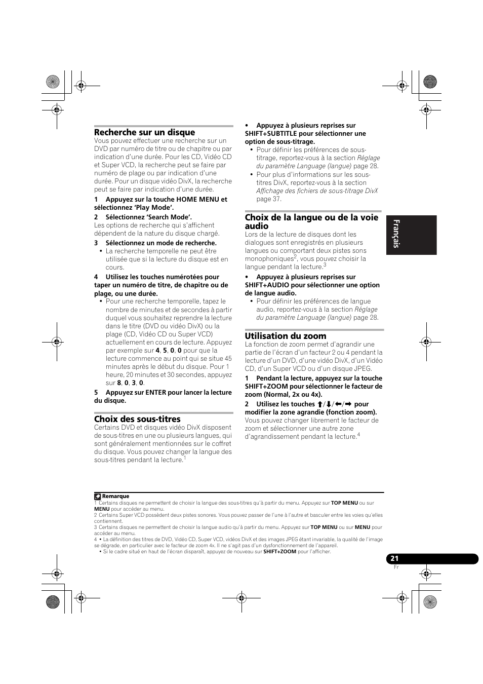 Recherche sur un disque, Choix des sous-titres, Choix de la langue ou de la voie audio | Utilisation du zoom | Pioneer DCS-370 User Manual | Page 67 / 141