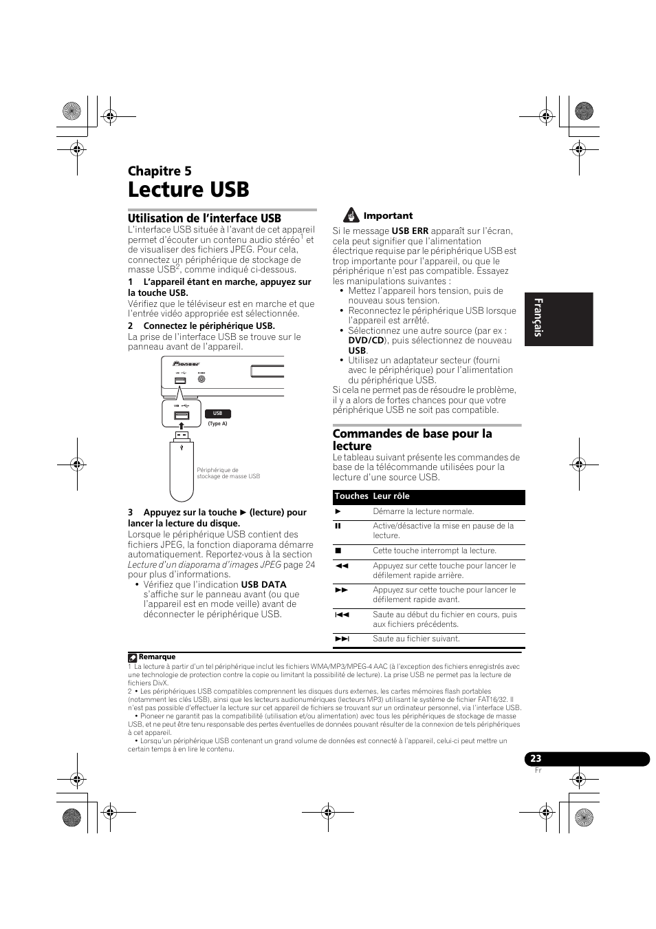 05 lecture usb, Utilisation de l’interface usb, Commandes de base pour la lecture | Lecture usb, Chapitre 5 | Pioneer DCS-370 User Manual | Page 69 / 141
