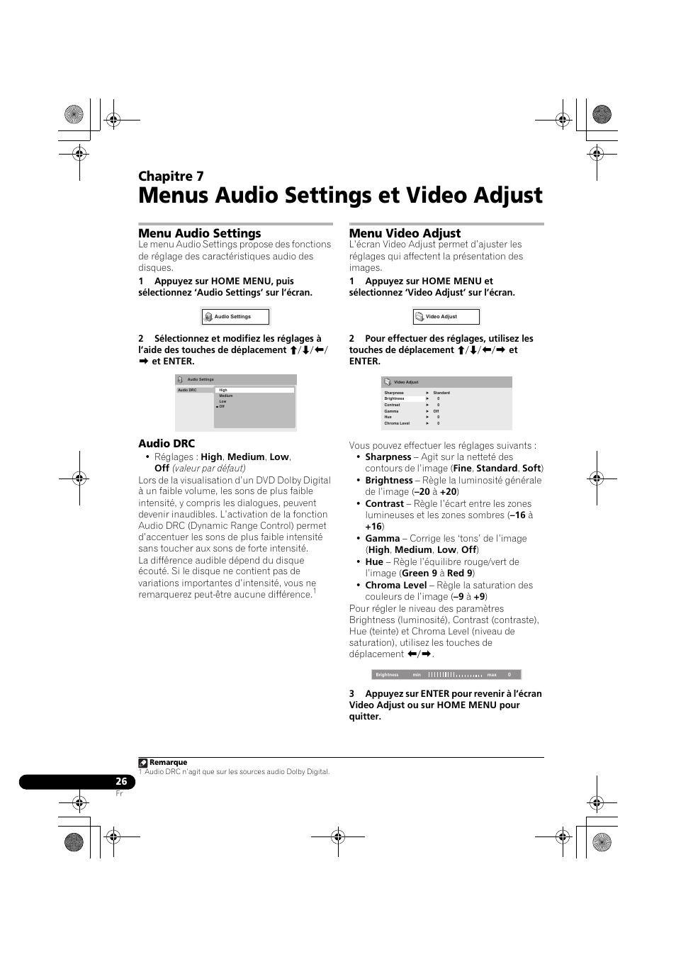 07 menus audio settings et video adjust, Menu audio settings, Audio drc | Menu video adjust, Menus audio settings et video adjust, Chapitre 7 | Pioneer DCS-370 User Manual | Page 72 / 141